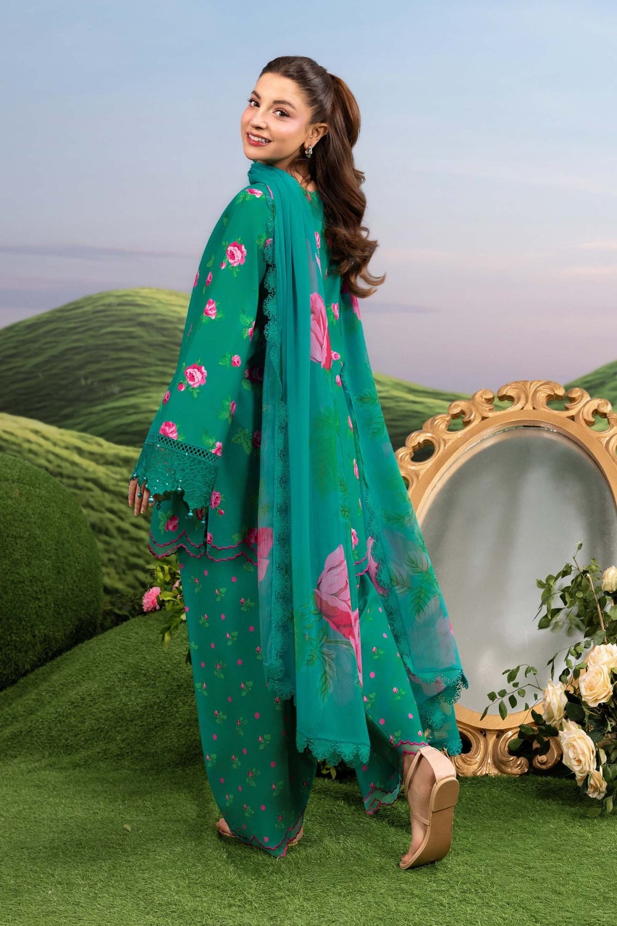Maria B | M Basics Dreamscape Eid Lawn | MB-CUSV14-09A-Brand:Maria B-Type:Ladies Clothes-Emerald Green-Lawn-House of Maryam- Buy in UK, USA