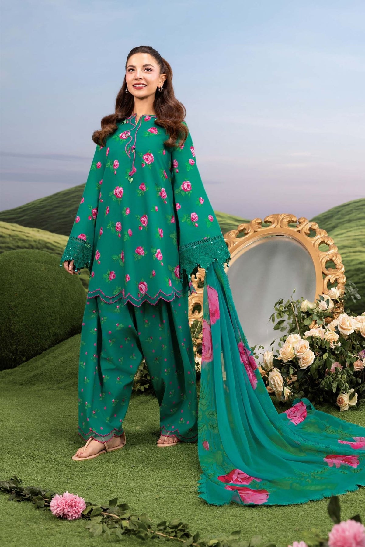Maria B | M Basics Dreamscape Eid Lawn | MB-CUSV14-09A-Brand:Maria B-Type:Ladies Clothes-Emerald Green-Lawn-House of Maryam- Buy in UK, USA