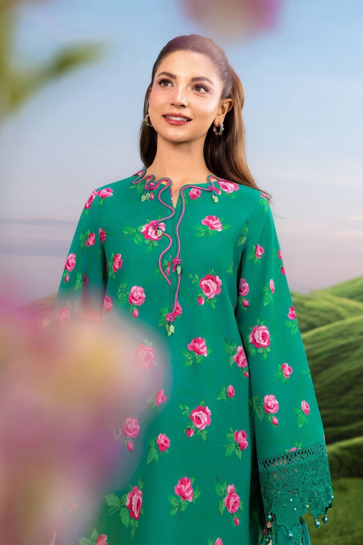 Maria B | M Basics Dreamscape Eid Lawn | MB-CUSV14-09A-Brand:Maria B-Type:Ladies Clothes-Emerald Green-Lawn-House of Maryam- Buy in UK, USA