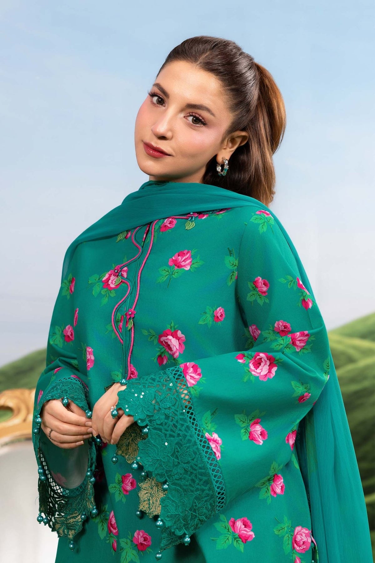 Maria B | M Basics Dreamscape Eid Lawn | MB-CUSV14-09A-Brand:Maria B-Type:Ladies Clothes-Emerald Green-Lawn-House of Maryam- Buy in UK, USA