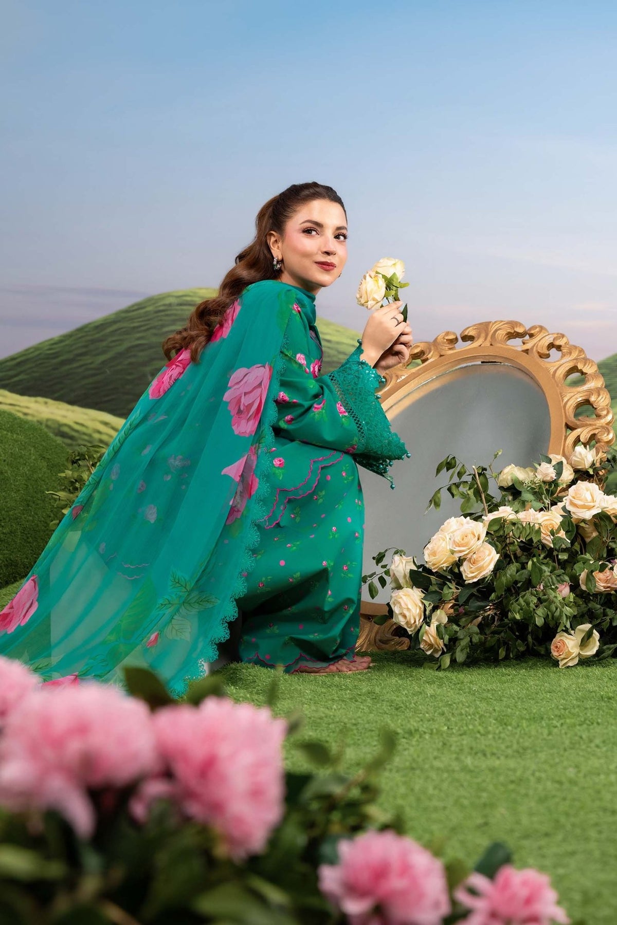 Maria B | M Basics Dreamscape Eid Lawn | MB-CUSV14-09A-Brand:Maria B-Type:Ladies Clothes-Emerald Green-Lawn-House of Maryam- Buy in UK, USA