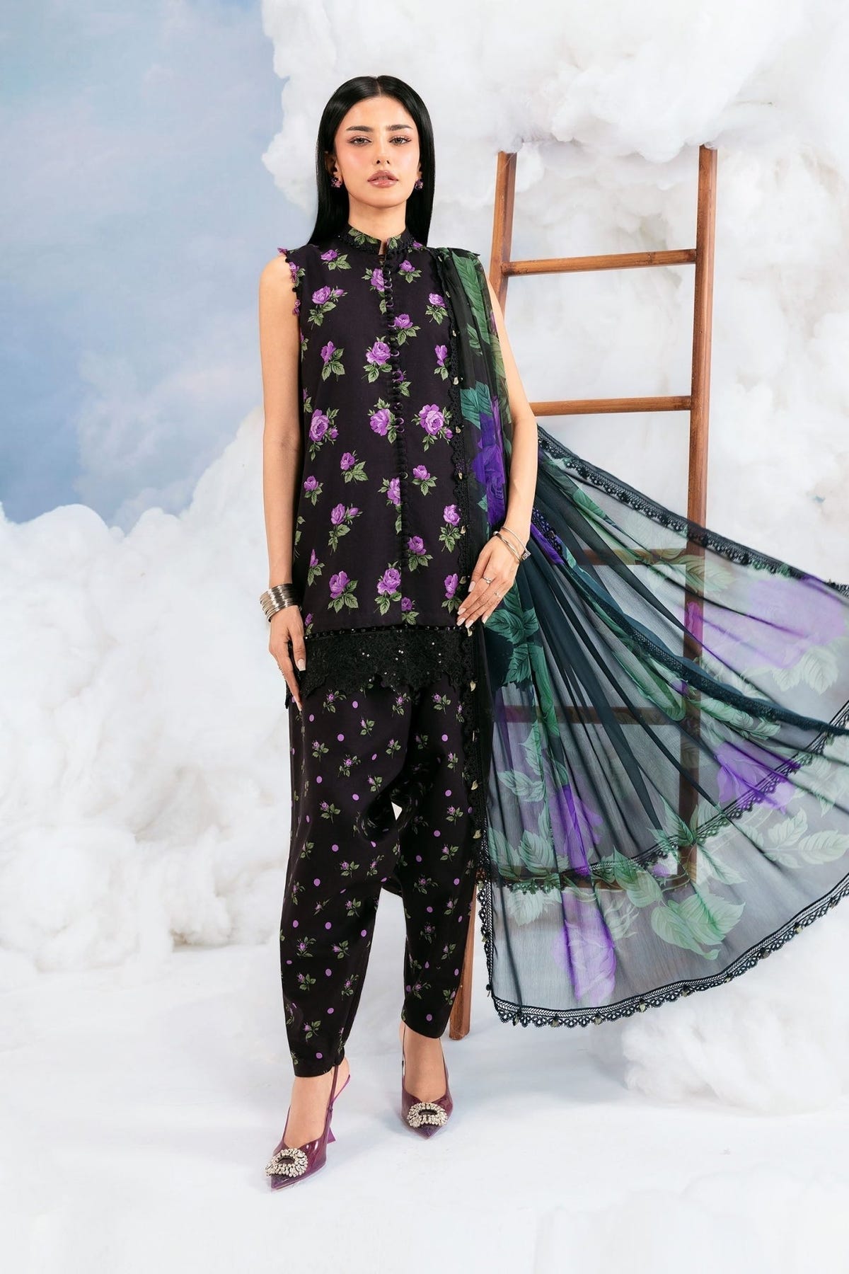 Maria B | M Basics Dreamscape Eid Lawn | MB-CUSV14-09B-Brand:Maria B-Type:Ladies Clothes-Black-Lawn-House of Maryam- Buy in UK, USA