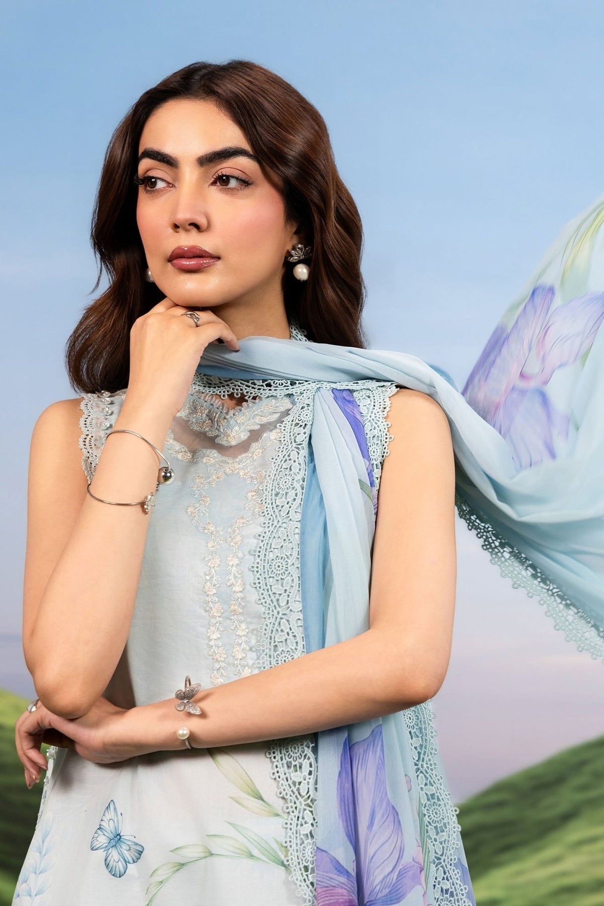 Maria B | M Basics Dreamscape Eid Lawn | MB-CUSV14-10A-Brand:Maria B-Type:Ladies Clothes-Ice Blue-Lawn-House of Maryam- Buy in UK, USA
