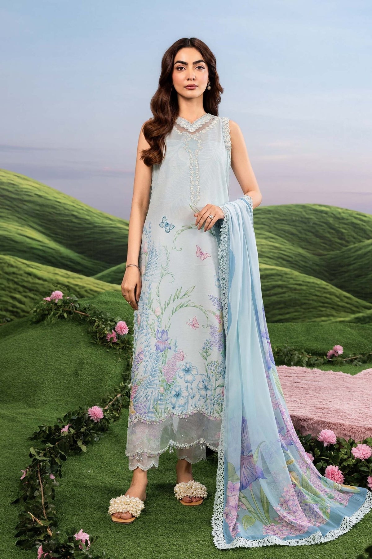 Maria B | M Basics Dreamscape Eid Lawn | MB-CUSV14-10A-Brand:Maria B-Type:Ladies Clothes-Ice Blue-Lawn-House of Maryam- Buy in UK, USA