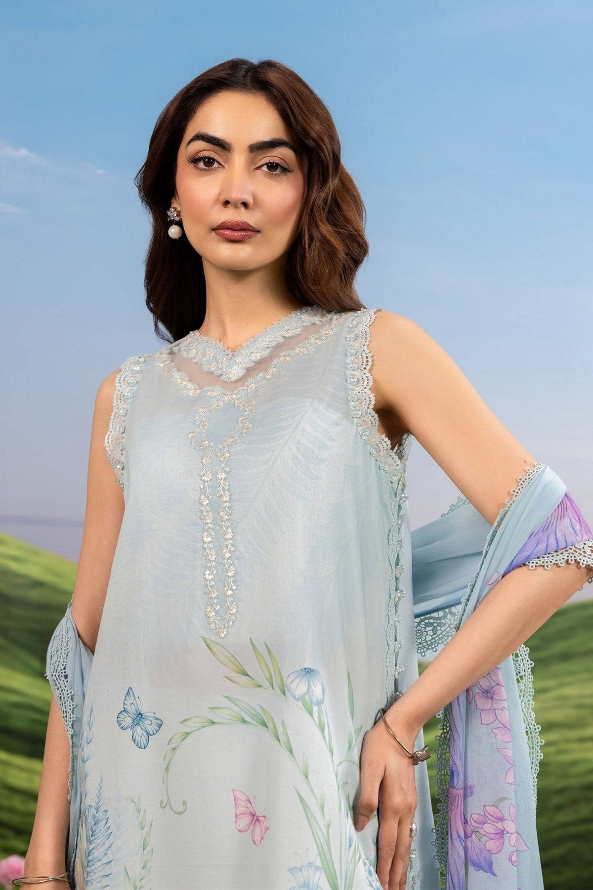 Maria B | M Basics Dreamscape Eid Lawn | MB-CUSV14-10A-Brand:Maria B-Type:Ladies Clothes-Ice Blue-Lawn-House of Maryam- Buy in UK, USA