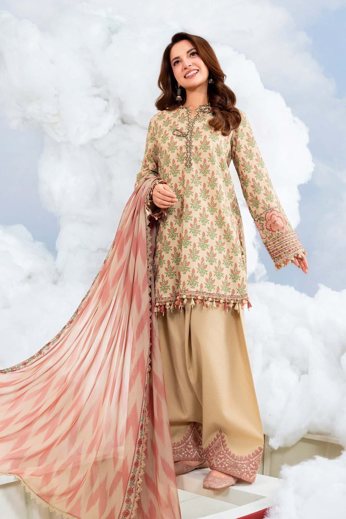 Maria B | M Basics Dreamscape Eid Lawn | MB-CUSV14-12A-Brand:Maria B-Type:Ladies Clothes-Beige-Lawn-House of Maryam- Buy in UK, USA