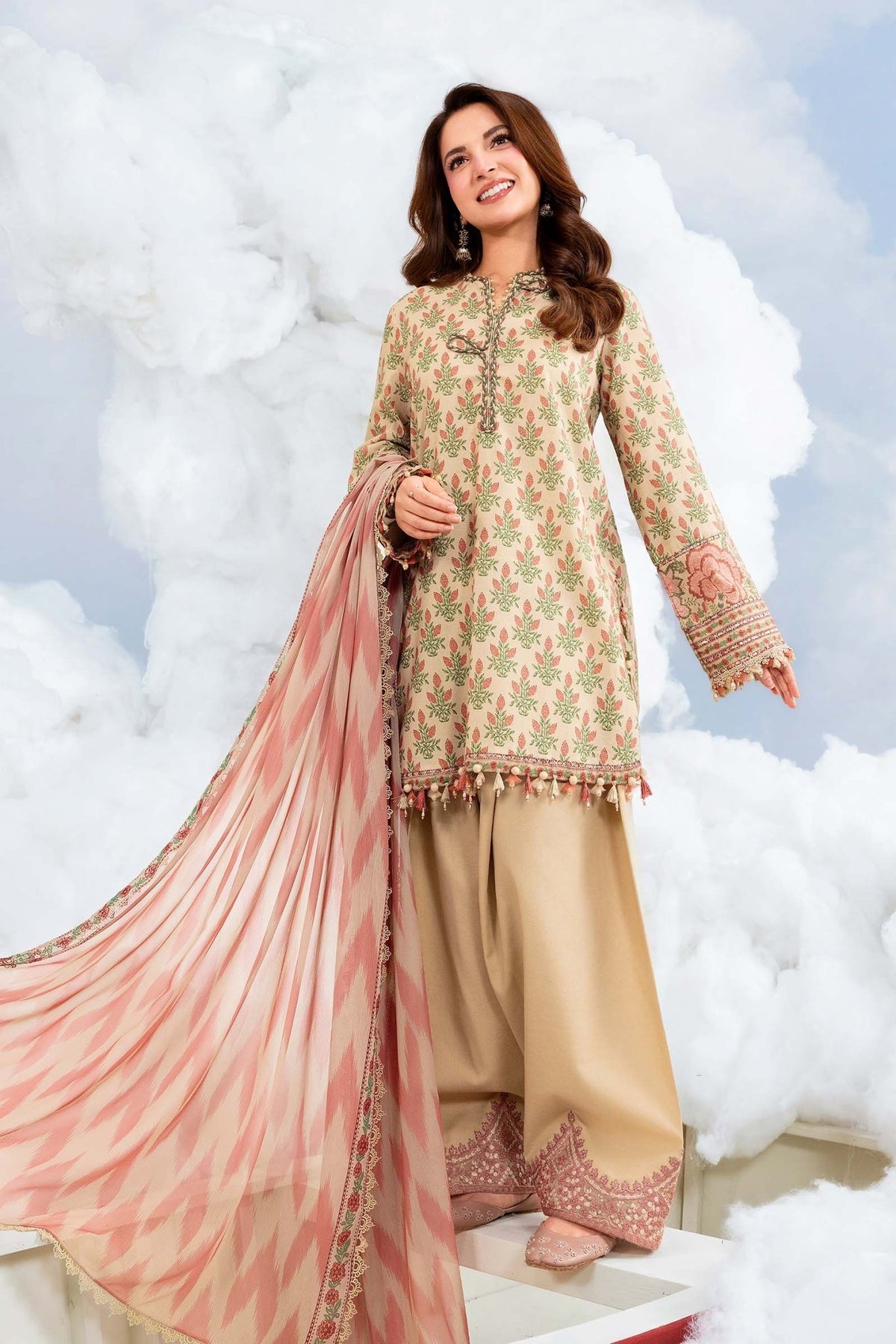 Maria B | M Basics Dreamscape Eid Lawn | MB-CUSV14-12A-Brand:Maria B-Type:Ladies Clothes-Beige-Lawn-House of Maryam- Buy in UK, USA