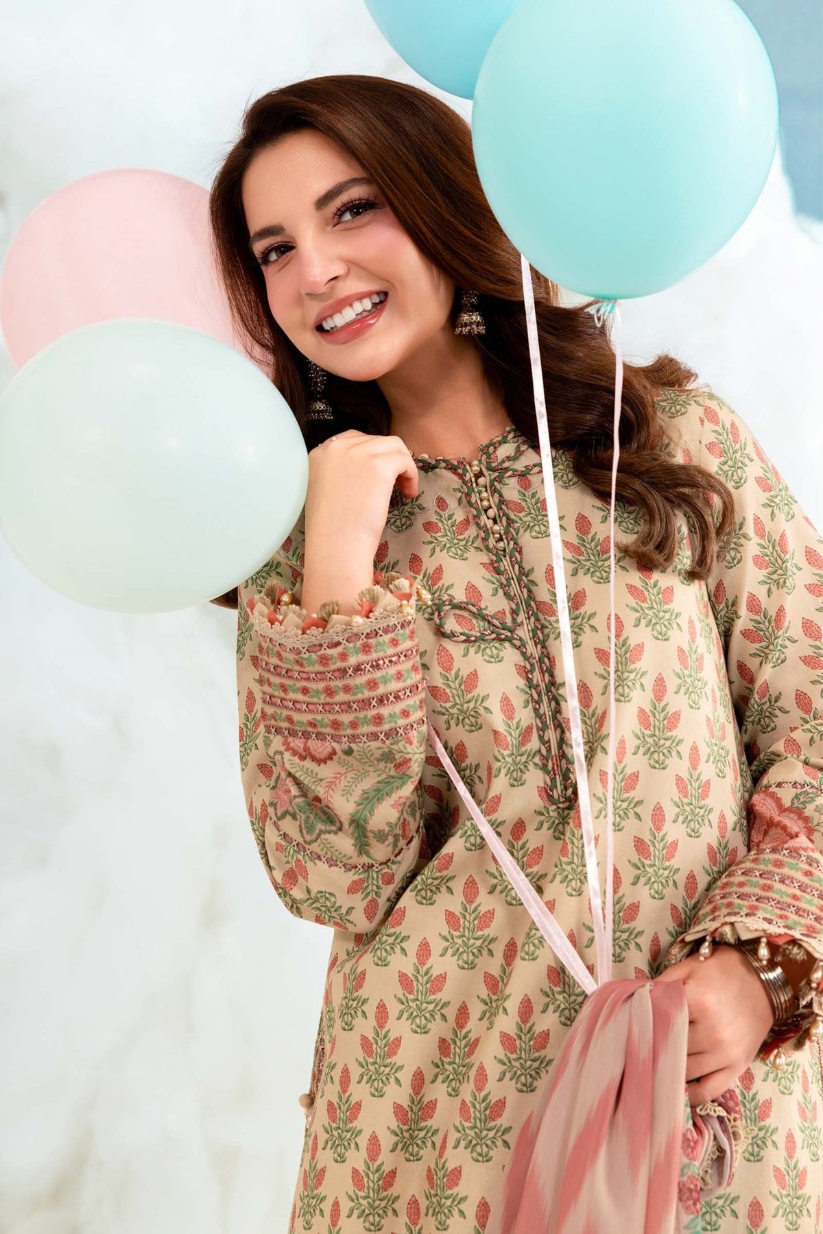 Maria B | M Basics Dreamscape Eid Lawn | MB-CUSV14-12A-Brand:Maria B-Type:Ladies Clothes-Beige-Lawn-House of Maryam- Buy in UK, USA