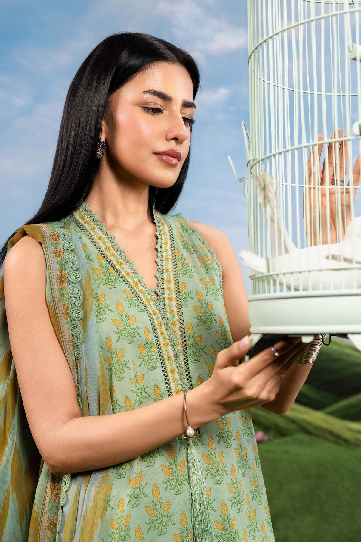 Maria B | M Basics Dreamscape Eid Lawn | MB-CUSV14-12B-Brand:Maria B-Type:Ladies Clothes-Tea Green-Lawn-House of Maryam- Buy in UK, USA