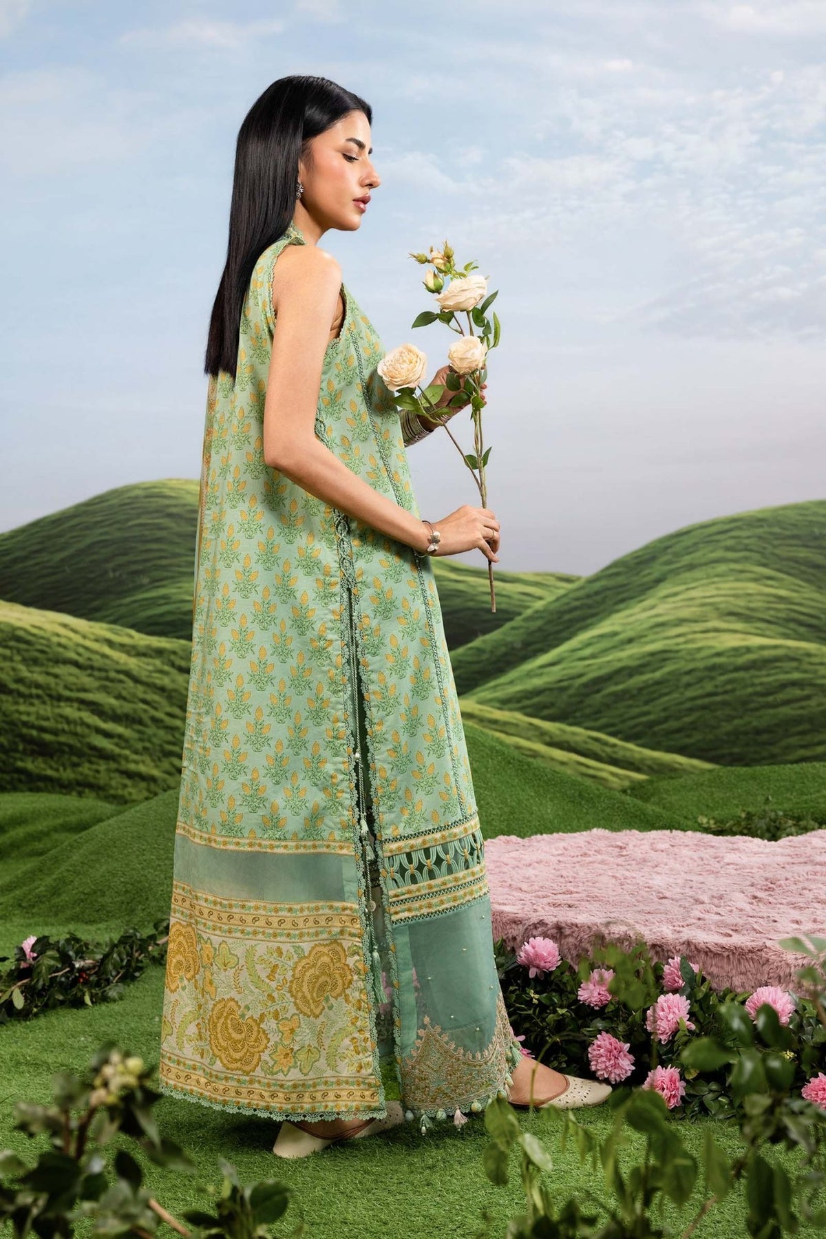 Maria B | M Basics Dreamscape Eid Lawn | MB-CUSV14-12B-Brand:Maria B-Type:Ladies Clothes-Tea Green-Lawn-House of Maryam- Buy in UK, USA