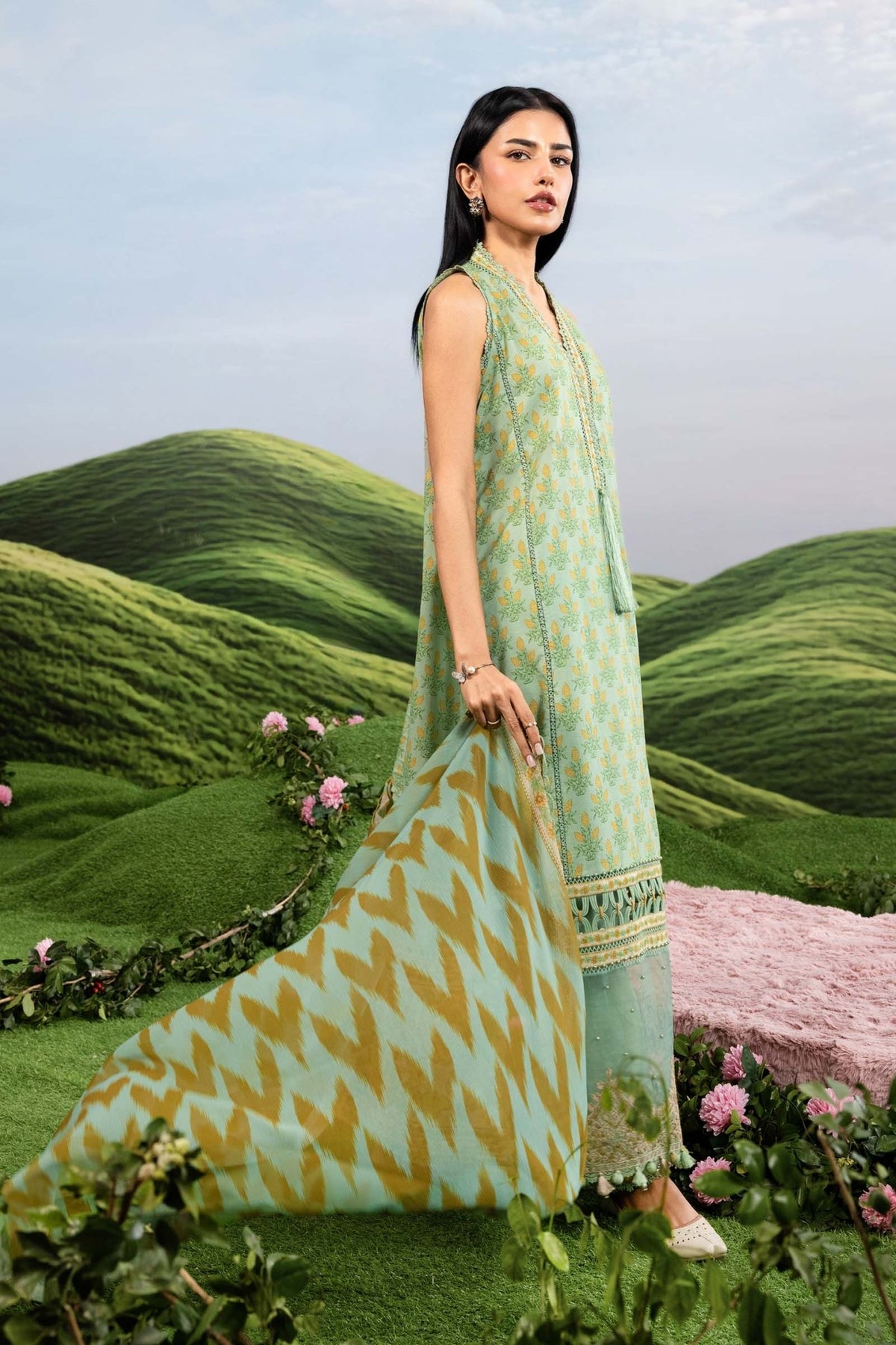 Maria B | M Basics Dreamscape Eid Lawn | MB-CUSV14-12B-Brand:Maria B-Type:Ladies Clothes-Tea Green-Lawn-House of Maryam- Buy in UK, USA