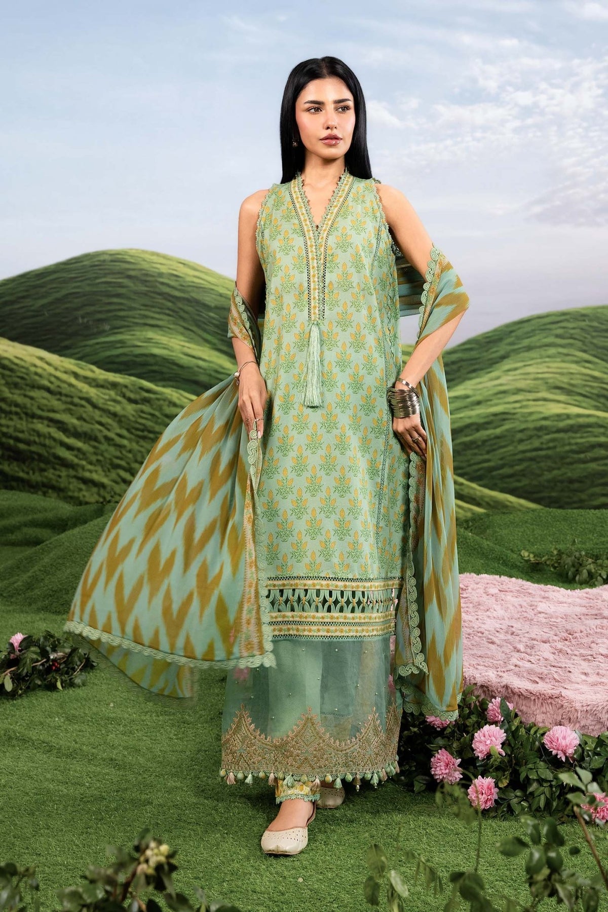 Maria B | M Basics Dreamscape Eid Lawn | MB-CUSV14-12B-Brand:Maria B-Type:Ladies Clothes-Tea Green-Lawn-House of Maryam- Buy in UK, USA