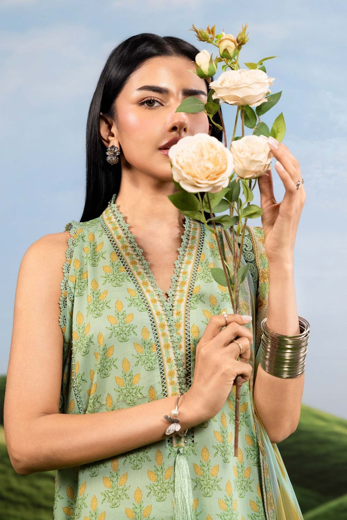 Maria B | M Basics Dreamscape Eid Lawn | MB-CUSV14-12B-Brand:Maria B-Type:Ladies Clothes-Tea Green-Lawn-House of Maryam- Buy in UK, USA