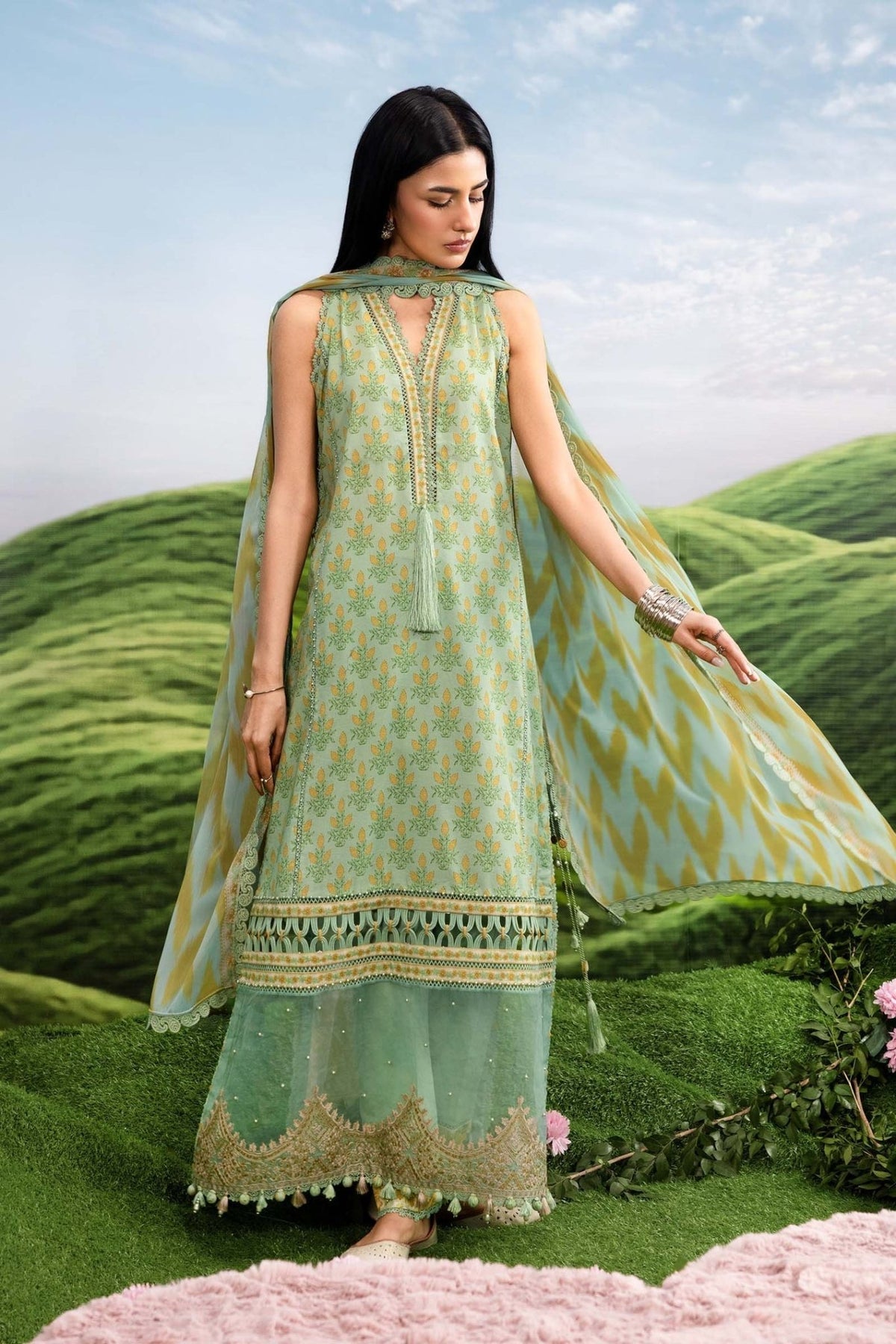Maria B | M Basics Dreamscape Eid Lawn | MB-CUSV14-12B-Brand:Maria B-Type:Ladies Clothes-Tea Green-Lawn-House of Maryam- Buy in UK, USA