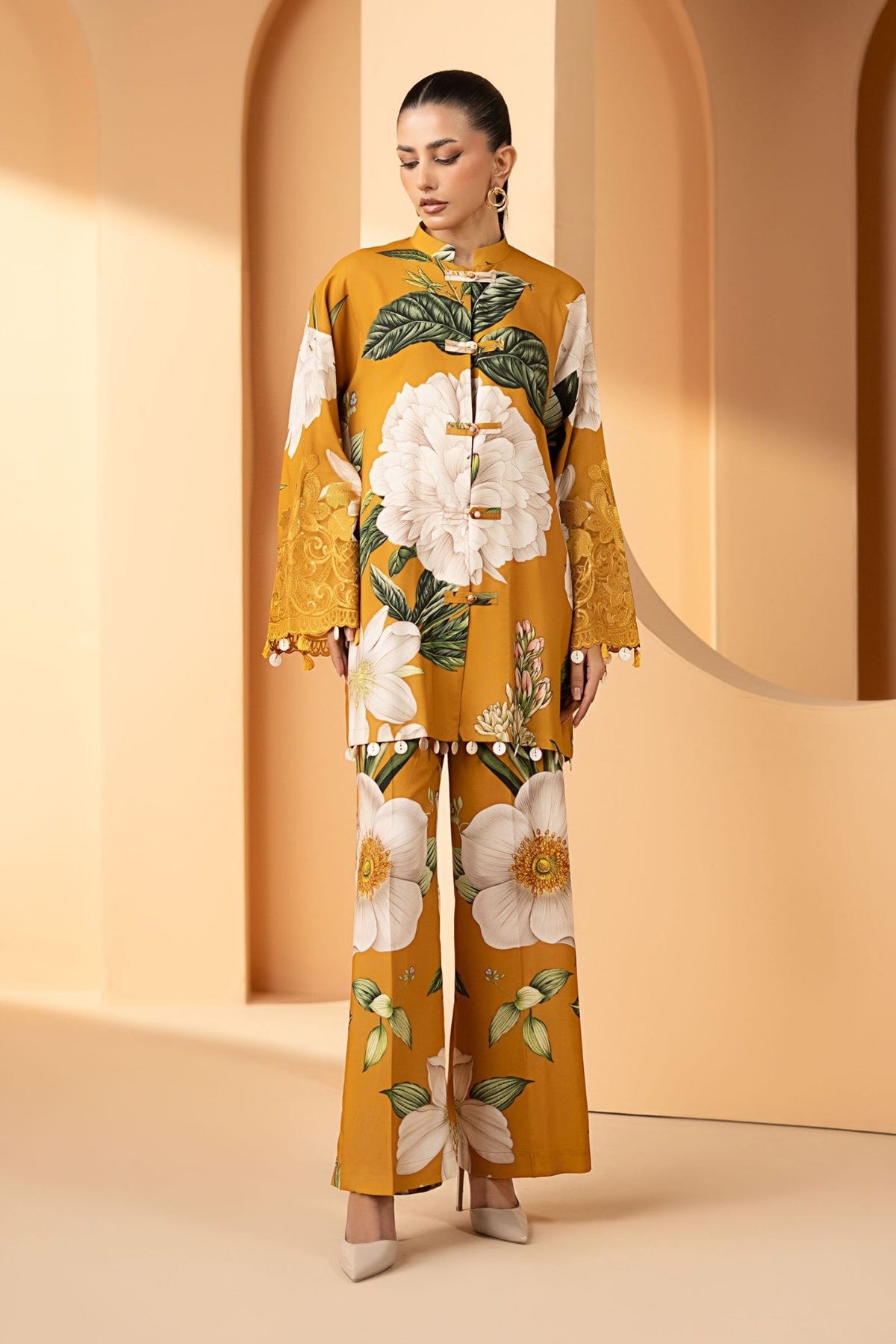 Maria B | RTW | 2 Piece Embroidered Arabic Lawn Suit-Brand:Maria B-Type:Luxury Pret-Yellow - House of Maryam- Buy in UK, USA