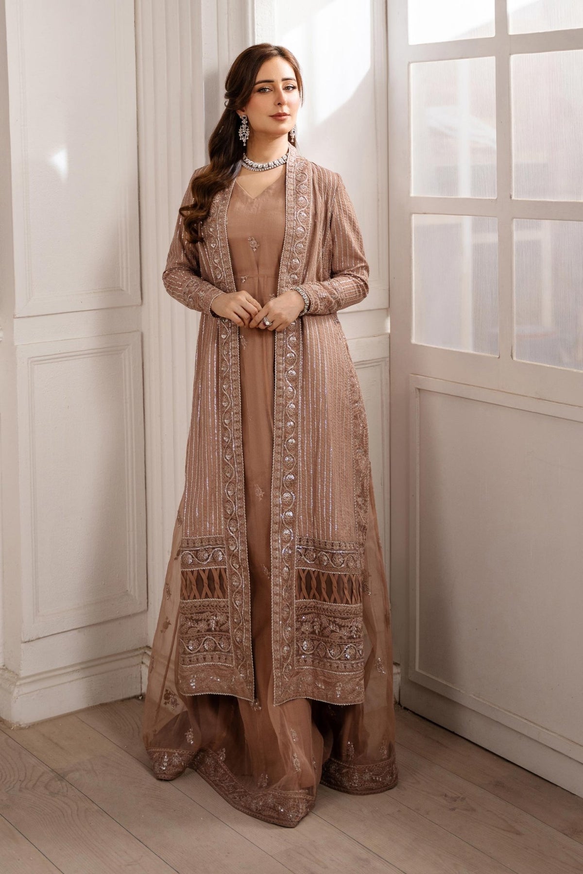 Maria B | RTW | 2 Piece Embroidered Raw Silk Suit-Brand:Maria B-Type:Luxury Formals-Brown - House of Maryam- Buy in UK, USA