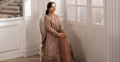 Maria B | RTW | 2 Piece Embroidered Raw Silk Suit-Brand:Maria B-Type:Luxury Formals-Brown - House of Maryam- Buy in UK, USA