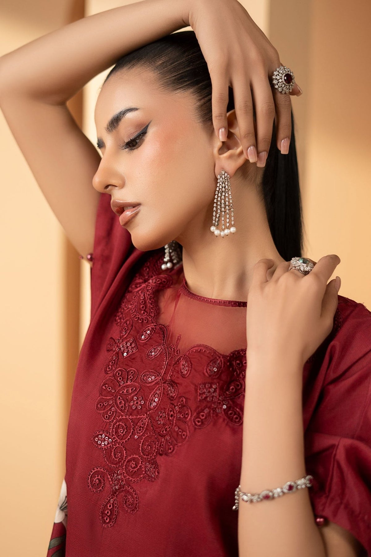 Maria B | RTW | 2 Piece Embroidered Raw Silk Suit-Brand:Maria B-Type:Luxury Pret-Maroon - House of Maryam- Buy in UK, USA