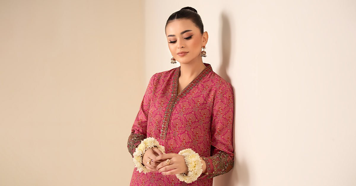 Maria B | RTW | 2 Piece Embroidered Raw Silk Suit-Brand:Maria B-Type:Luxury Pret-Pink - House of Maryam- Buy in UK, USA