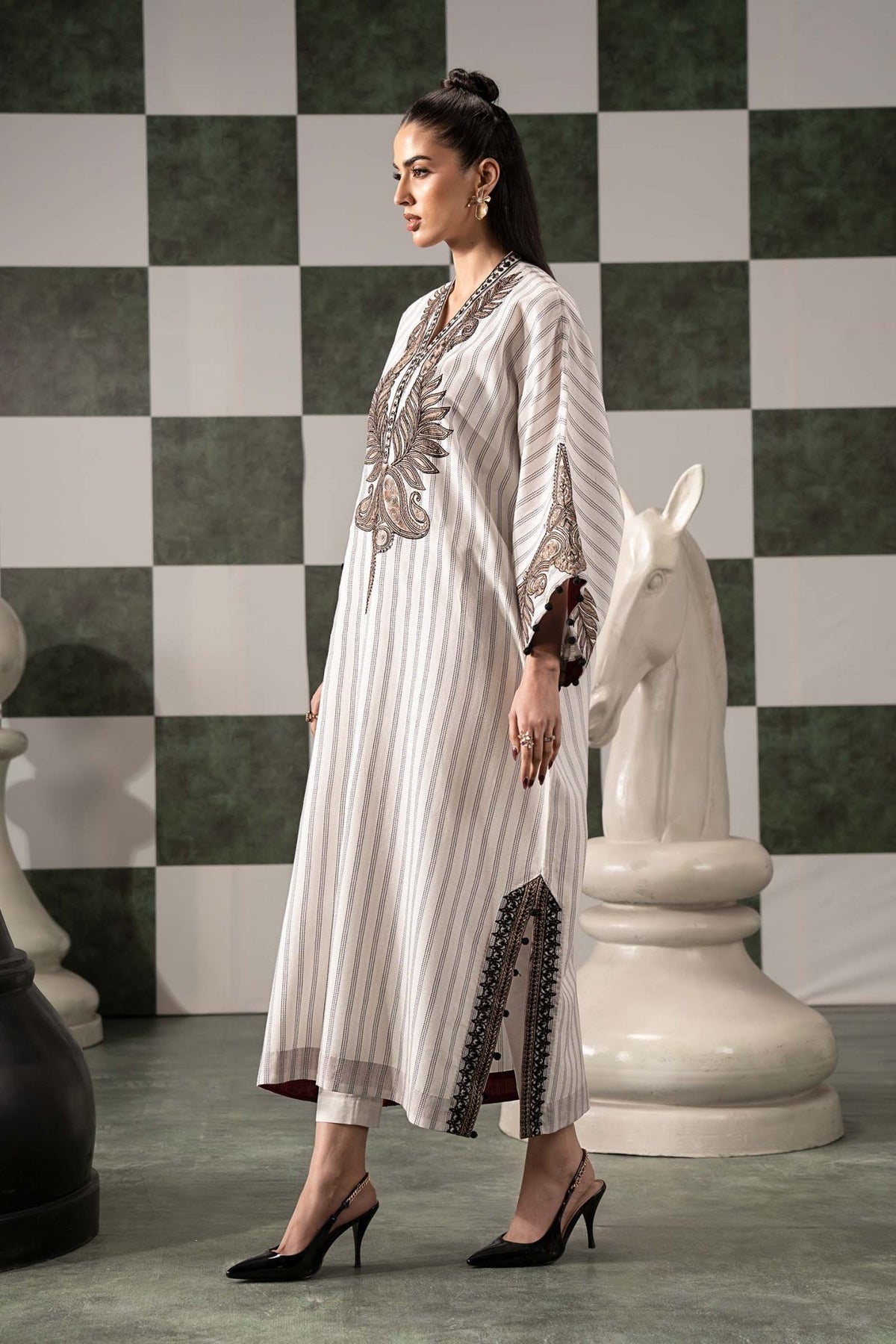 Maria B | RTW | 2 Piece Embroidered Striped Cotton Suit-Brand:Maria B-Type:Luxury Pret-White - House of Maryam- Buy in UK, USA
