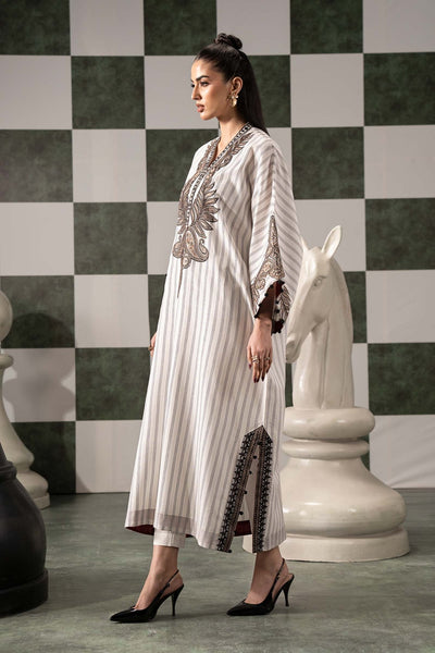 Maria B | RTW | 2 Piece Embroidered Striped Cotton Suit-Brand:Maria B-Type:Luxury Pret-White - House of Maryam- Buy in UK, USA