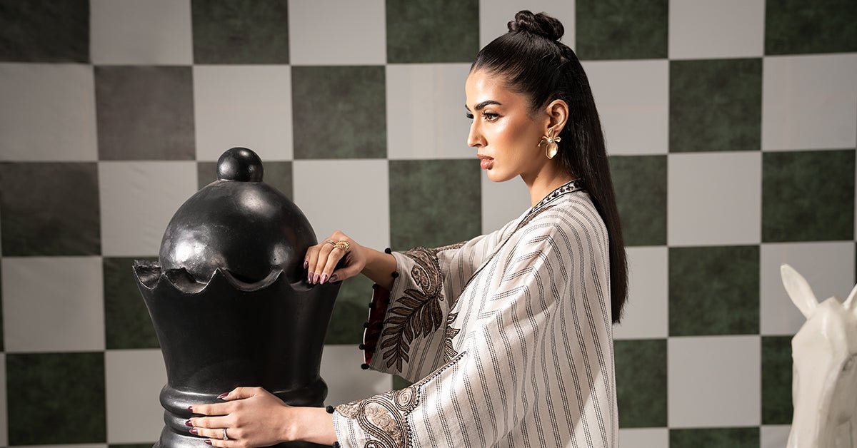 Maria B | RTW | 2 Piece Embroidered Striped Cotton Suit-Brand:Maria B-Type:Luxury Pret-White - House of Maryam- Buy in UK, USA