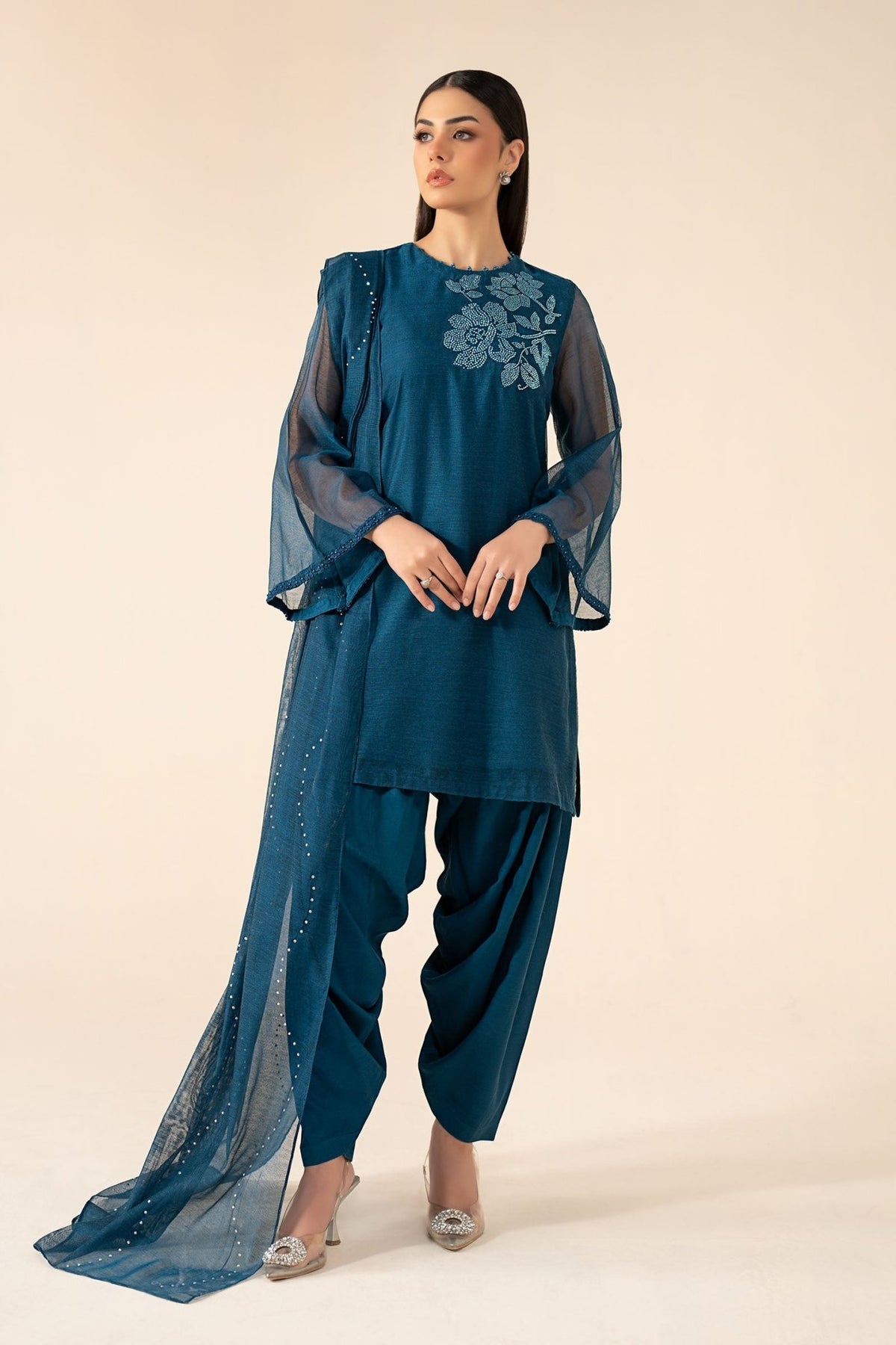 Maria B | RTW | 3 Piece Embellished Cotton Net Suit-Brand:Maria B-Type:Luxury Pret-Blue - House of Maryam- Buy in UK, USA