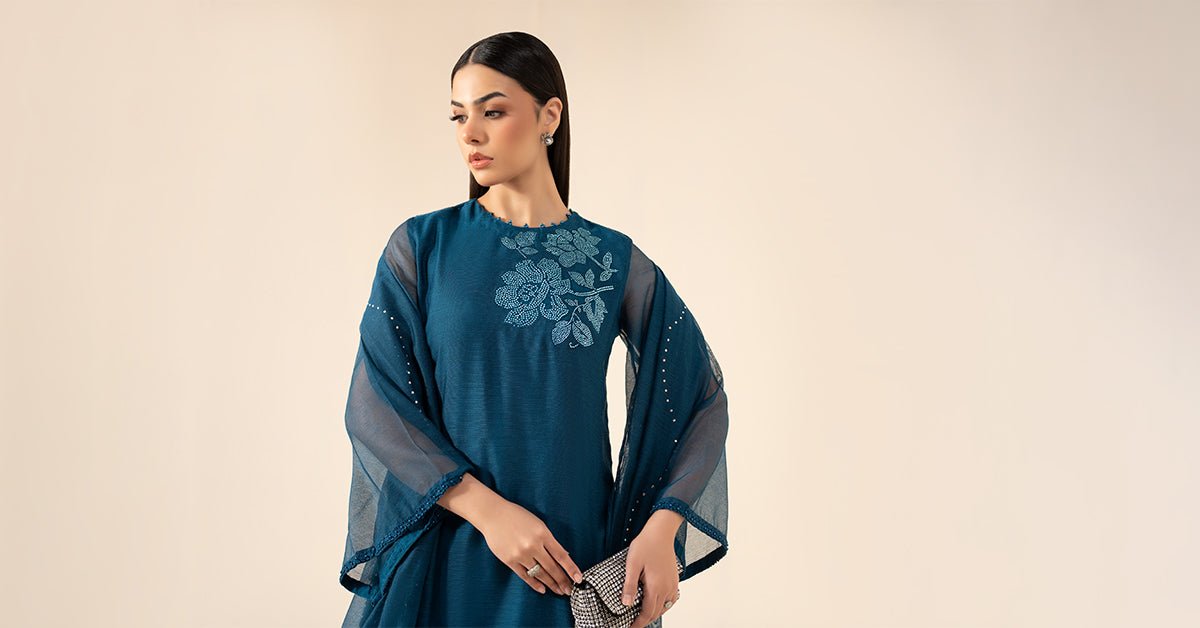 Maria B | RTW | 3 Piece Embellished Cotton Net Suit-Brand:Maria B-Type:Luxury Pret-Blue - House of Maryam- Buy in UK, USA