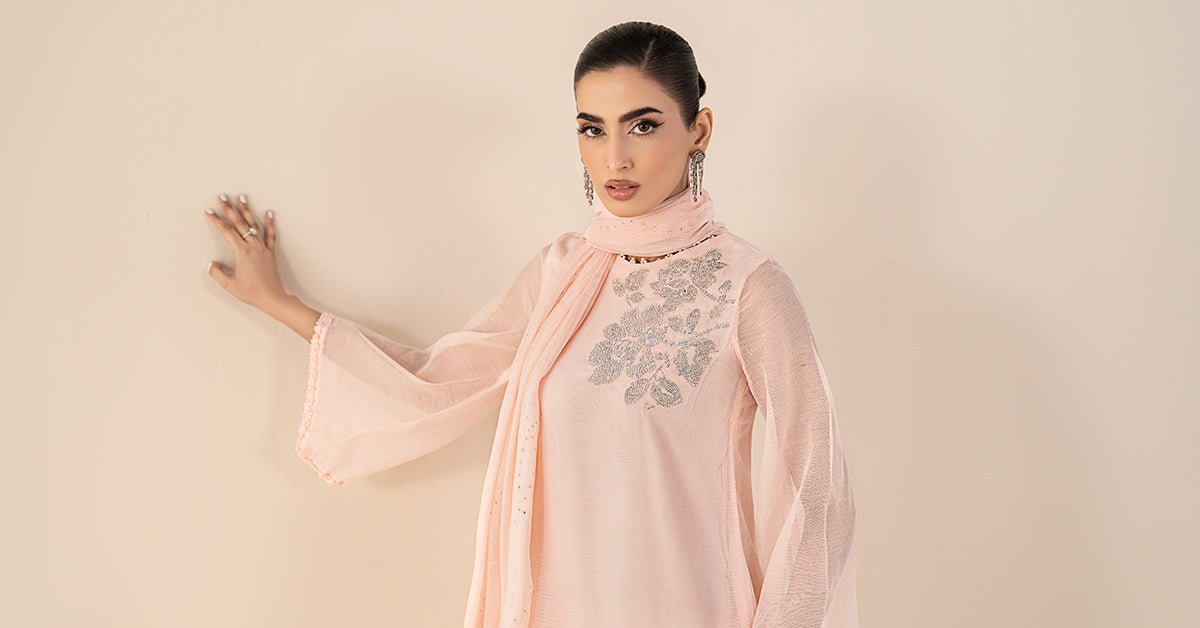 Maria B | RTW | 3 Piece Embellished Cotton Net Suit-Brand:Maria B-Type:Luxury Pret-Pink - House of Maryam- Buy in UK, USA