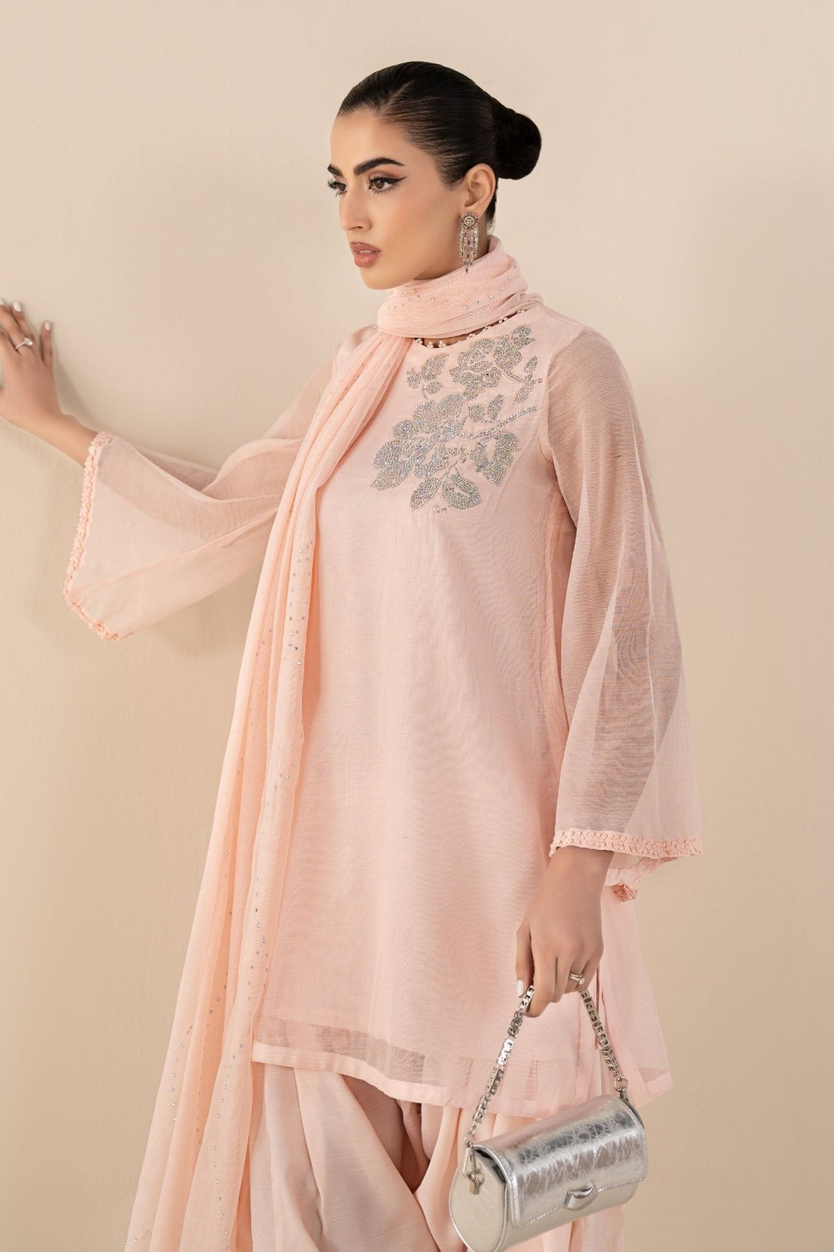 Maria B | RTW | 3 Piece Embellished Cotton Net Suit-Brand:Maria B-Type:Luxury Pret-Pink - House of Maryam- Buy in UK, USA