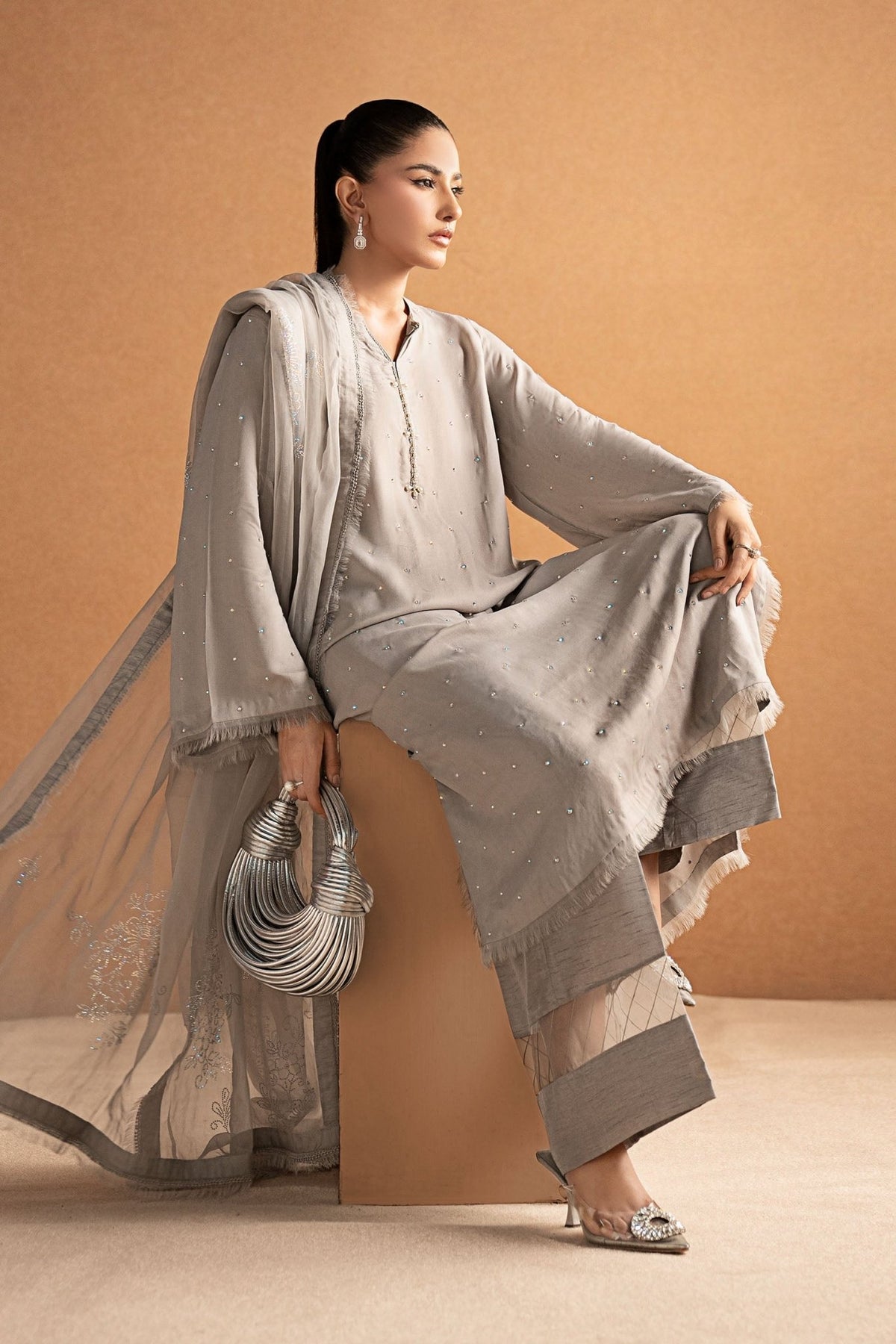 Maria B | RTW | 3 Piece Embellished Crepe Suit-Brand:Maria B-Type:Luxury Formals-Grey - House of Maryam- Buy in UK, USA