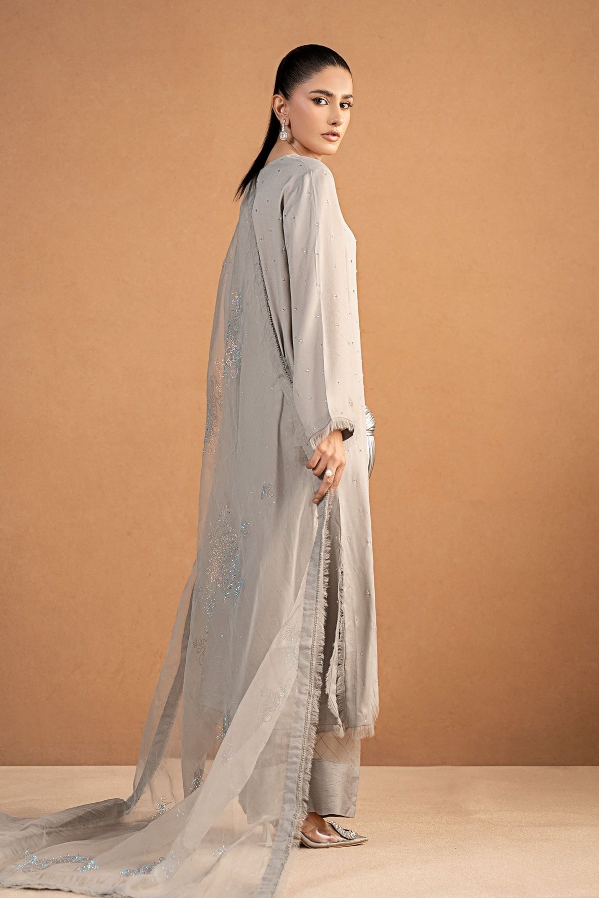Maria B | RTW | 3 Piece Embellished Crepe Suit-Brand:Maria B-Type:Luxury Formals-Grey - House of Maryam- Buy in UK, USA