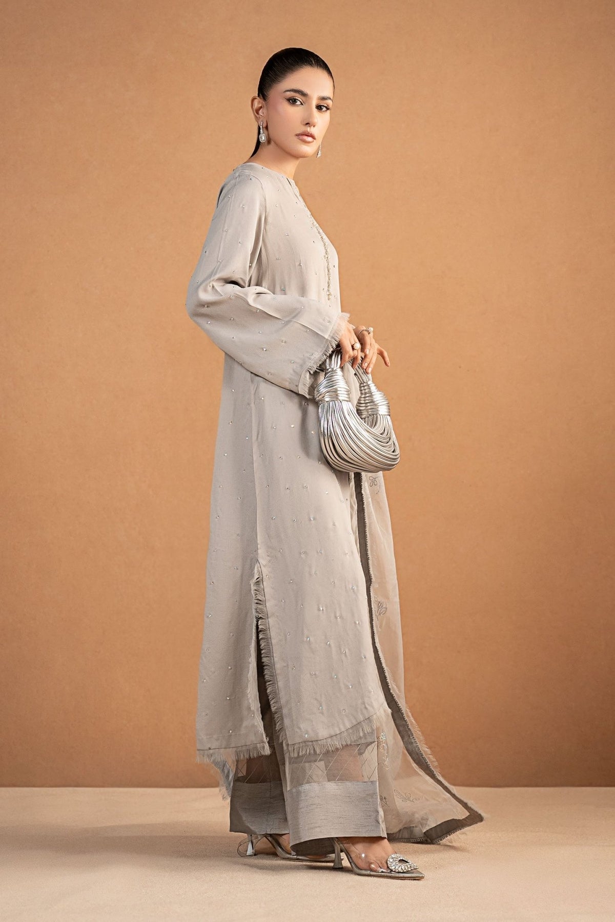 Maria B | RTW | 3 Piece Embellished Crepe Suit-Brand:Maria B-Type:Luxury Formals-Grey - House of Maryam- Buy in UK, USA