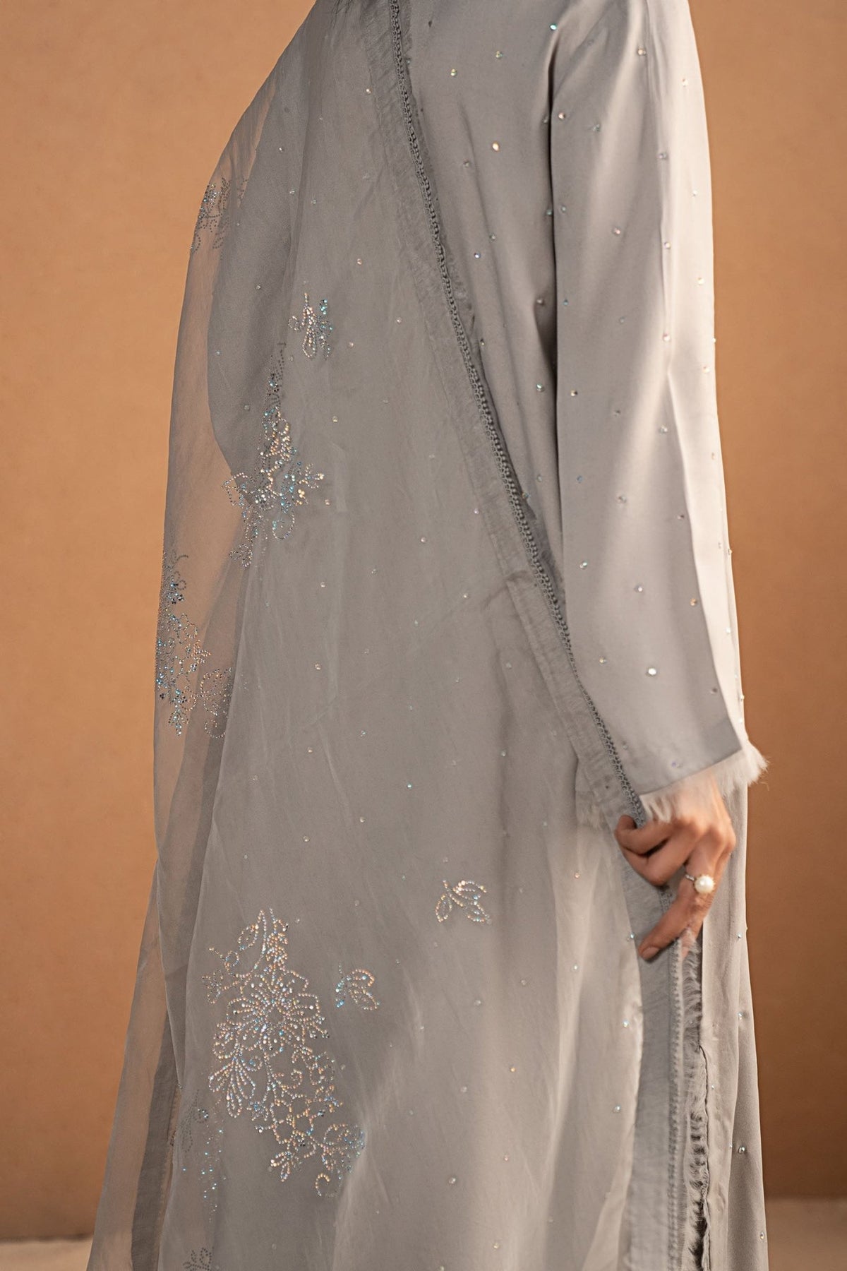Maria B | RTW | 3 Piece Embellished Crepe Suit-Brand:Maria B-Type:Luxury Formals-Grey - House of Maryam- Buy in UK, USA