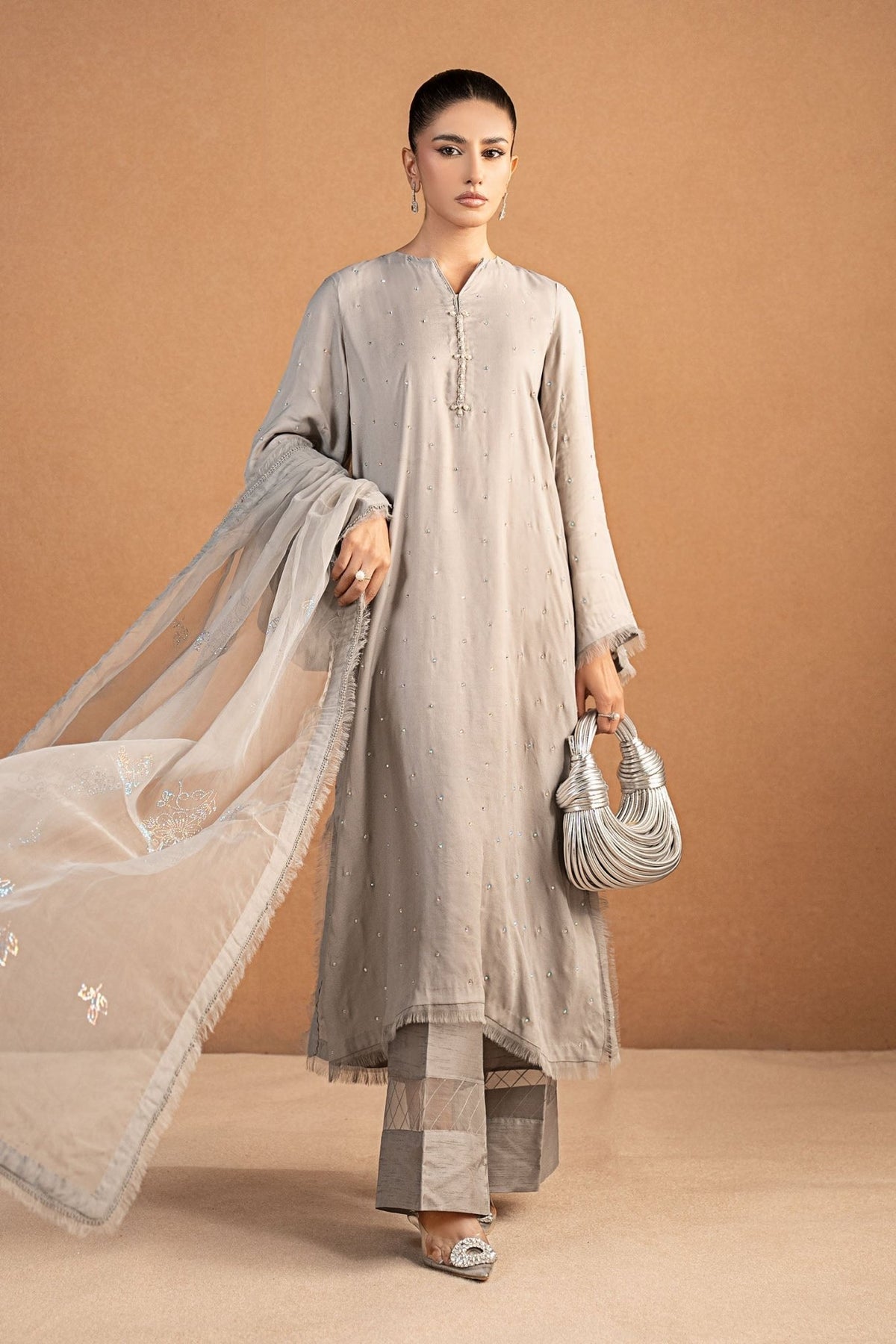 Maria B | RTW | 3 Piece Embellished Crepe Suit-Brand:Maria B-Type:Luxury Formals-Grey - House of Maryam- Buy in UK, USA
