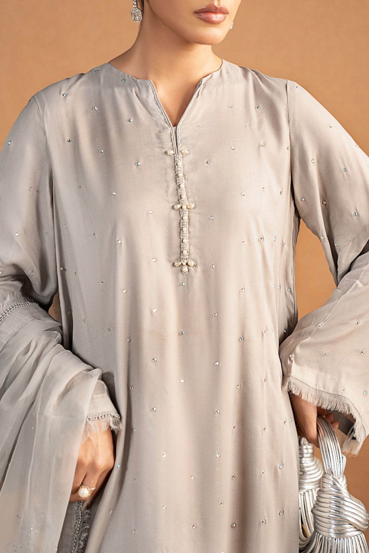 Maria B | RTW | 3 Piece Embellished Crepe Suit-Brand:Maria B-Type:Luxury Formals-Grey - House of Maryam- Buy in UK, USA