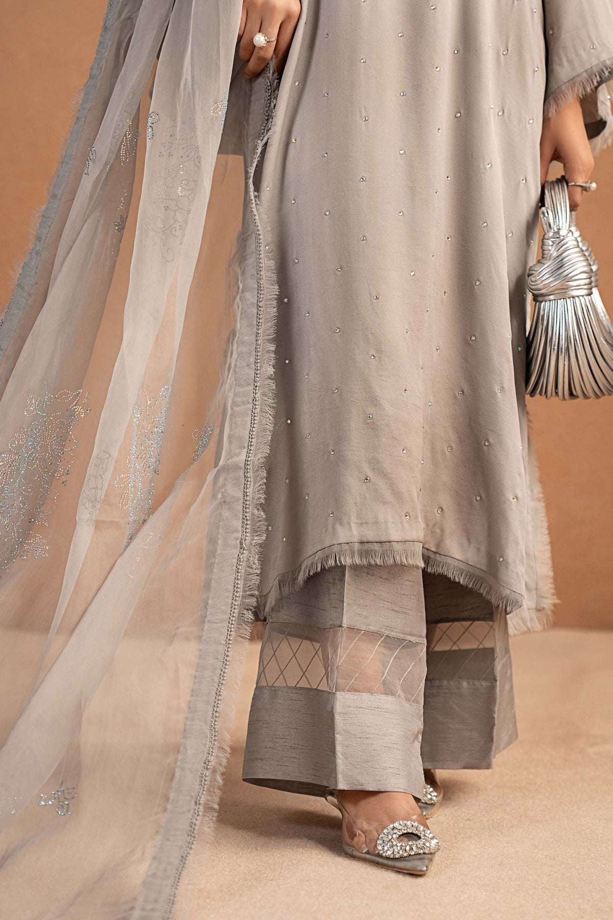 Maria B | RTW | 3 Piece Embellished Crepe Suit-Brand:Maria B-Type:Luxury Formals-Grey - House of Maryam- Buy in UK, USA