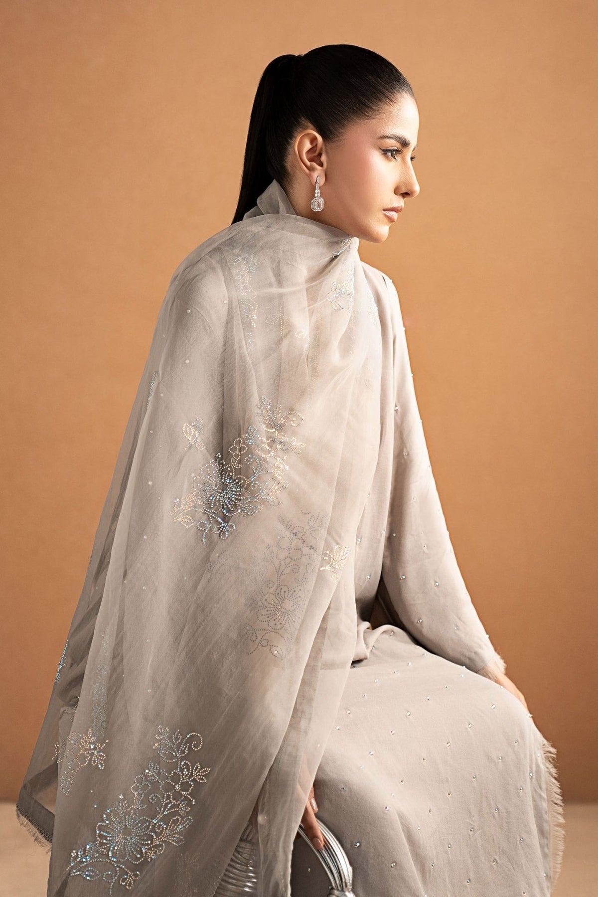 Maria B | RTW | 3 Piece Embellished Crepe Suit-Brand:Maria B-Type:Luxury Formals-Grey - House of Maryam- Buy in UK, USA