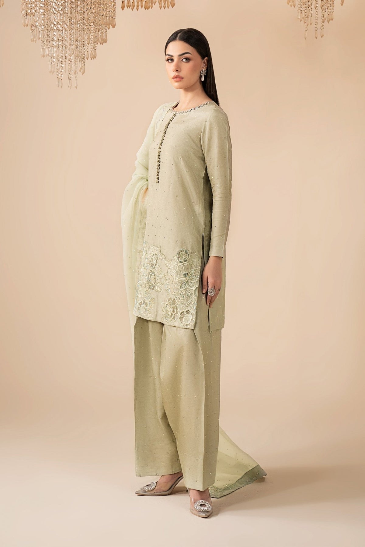 Maria B | RTW | 3 Piece Embellished Raw Silk Suit-Brand:Maria B-Type:Luxury Formals-Green - House of Maryam- Buy in UK, USA