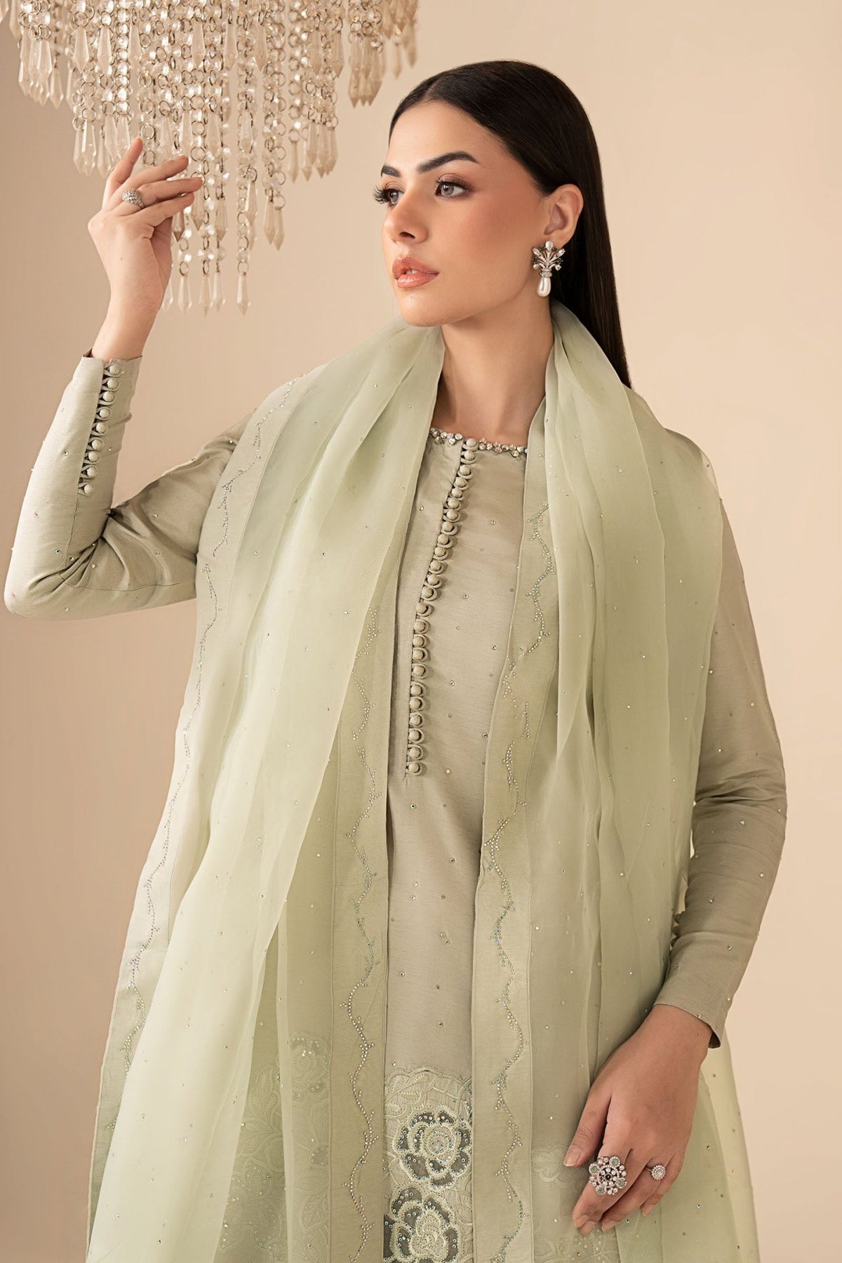 Maria B | RTW | 3 Piece Embellished Raw Silk Suit-Brand:Maria B-Type:Luxury Formals-Green - House of Maryam- Buy in UK, USA