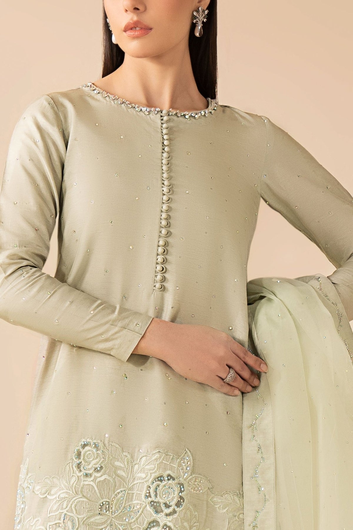 Maria B | RTW | 3 Piece Embellished Raw Silk Suit-Brand:Maria B-Type:Luxury Formals-Green - House of Maryam- Buy in UK, USA