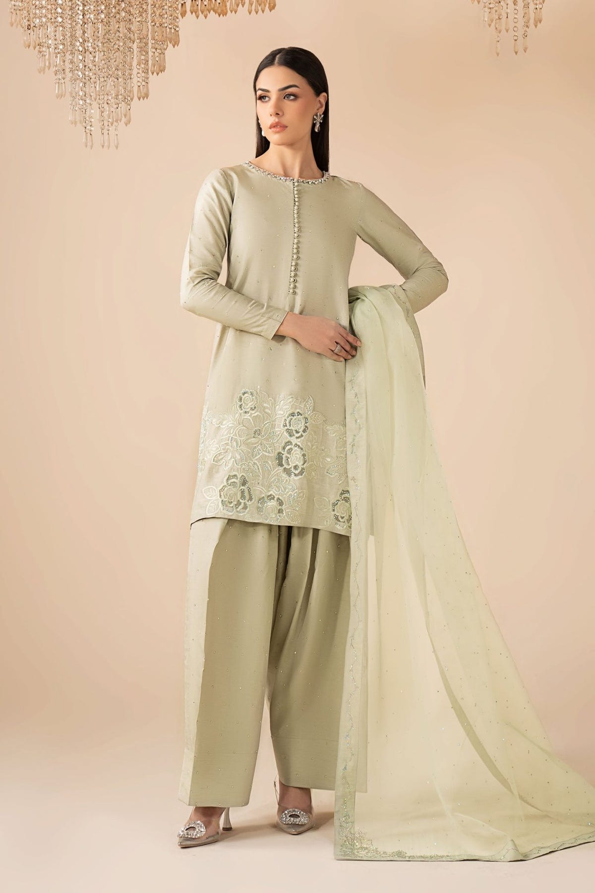 Maria B | RTW | 3 Piece Embellished Raw Silk Suit-Brand:Maria B-Type:Luxury Formals-Green - House of Maryam- Buy in UK, USA