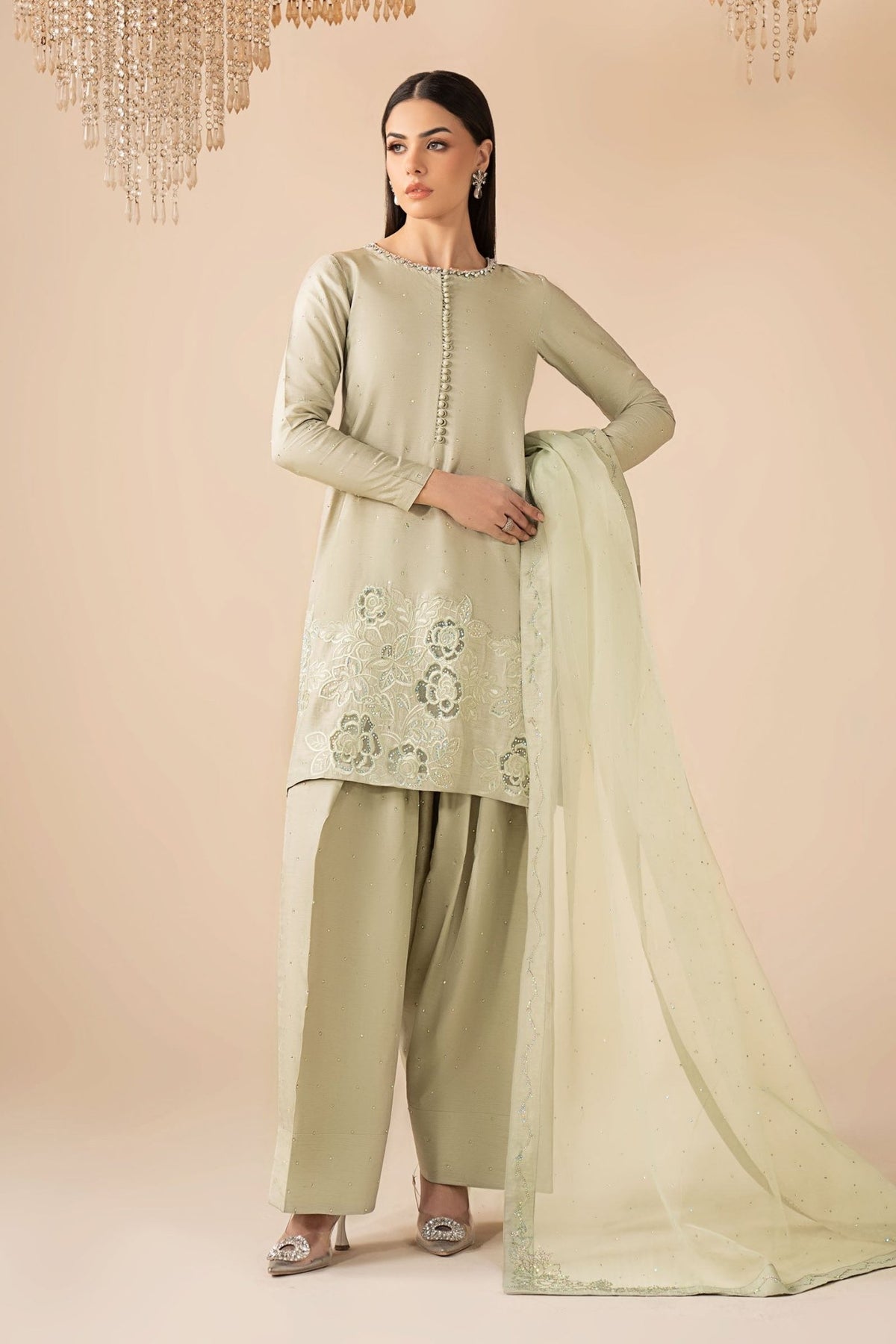 Maria B | RTW | 3 Piece Embellished Raw Silk Suit-Brand:Maria B-Type:Luxury Formals-Green - House of Maryam- Buy in UK, USA