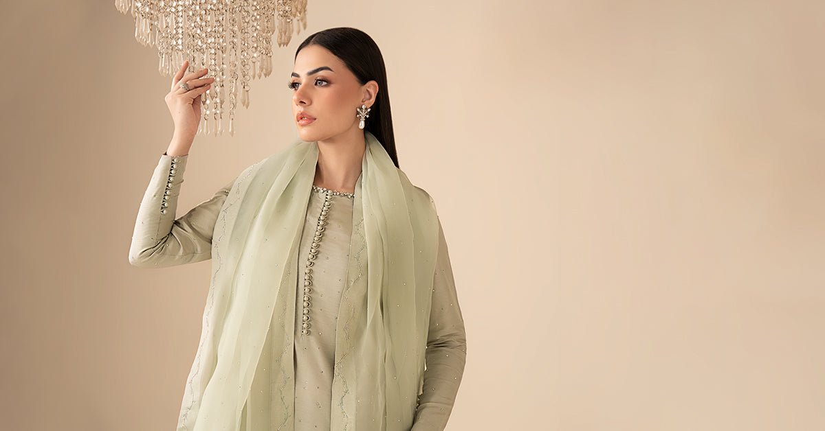 Maria B | RTW | 3 Piece Embellished Raw Silk Suit-Brand:Maria B-Type:Luxury Formals-Green - House of Maryam- Buy in UK, USA