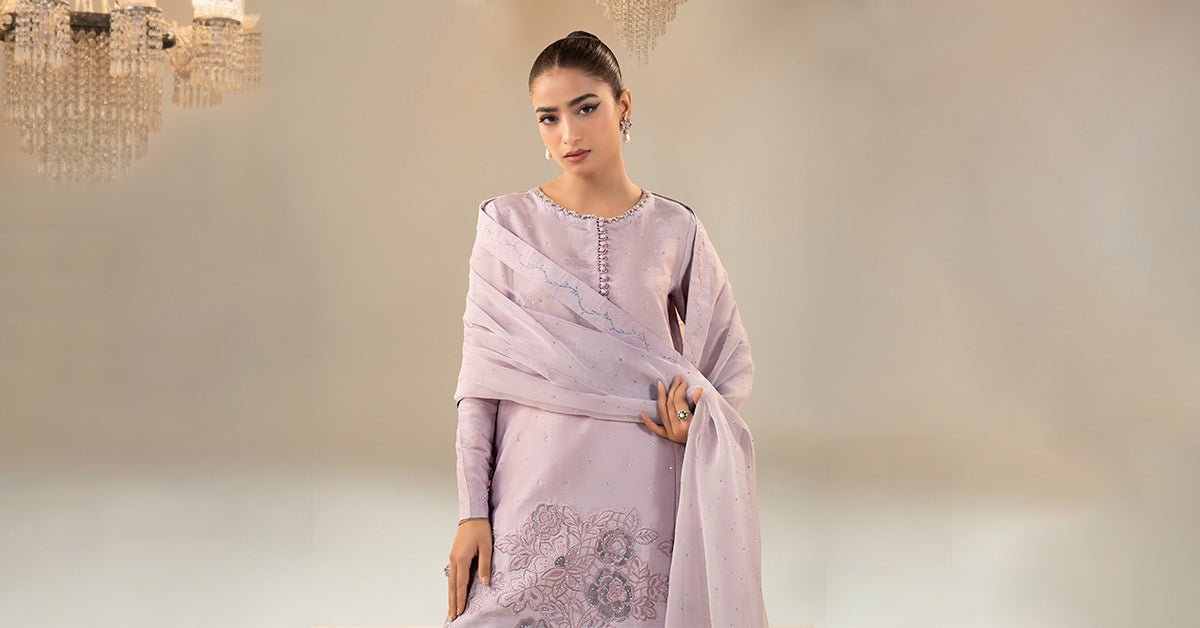 Maria B | RTW | 3 Piece Embellished Raw Silk Suit-Brand:Maria B-Type:Luxury Formals-Purple - House of Maryam- Buy in UK, USA