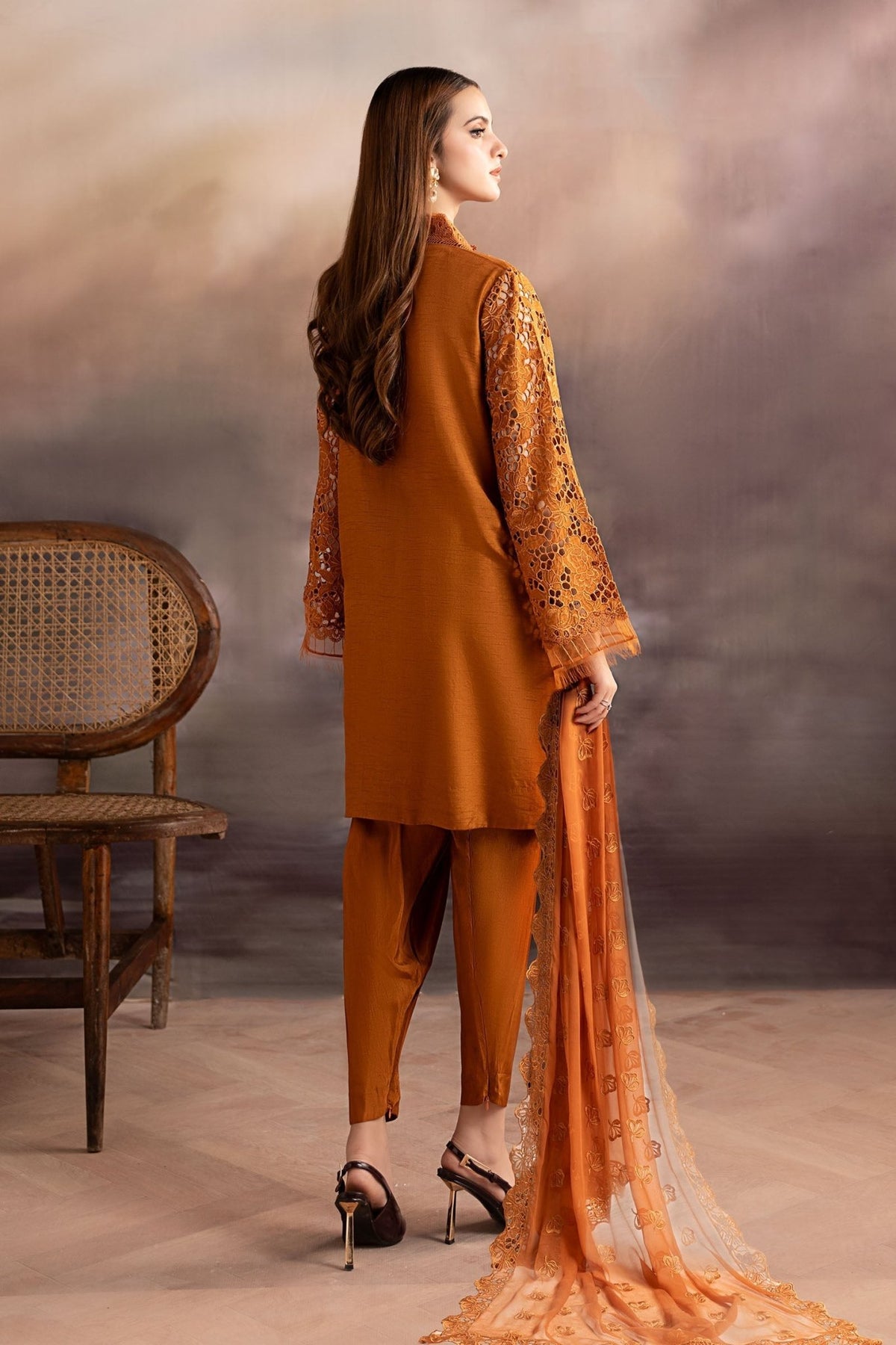 Maria B | RTW | 3 Piece Embroidered Bamber Raw Silk Suit-Brand:Maria B-Type:Luxury Formals-Brown - House of Maryam- Buy in UK, USA