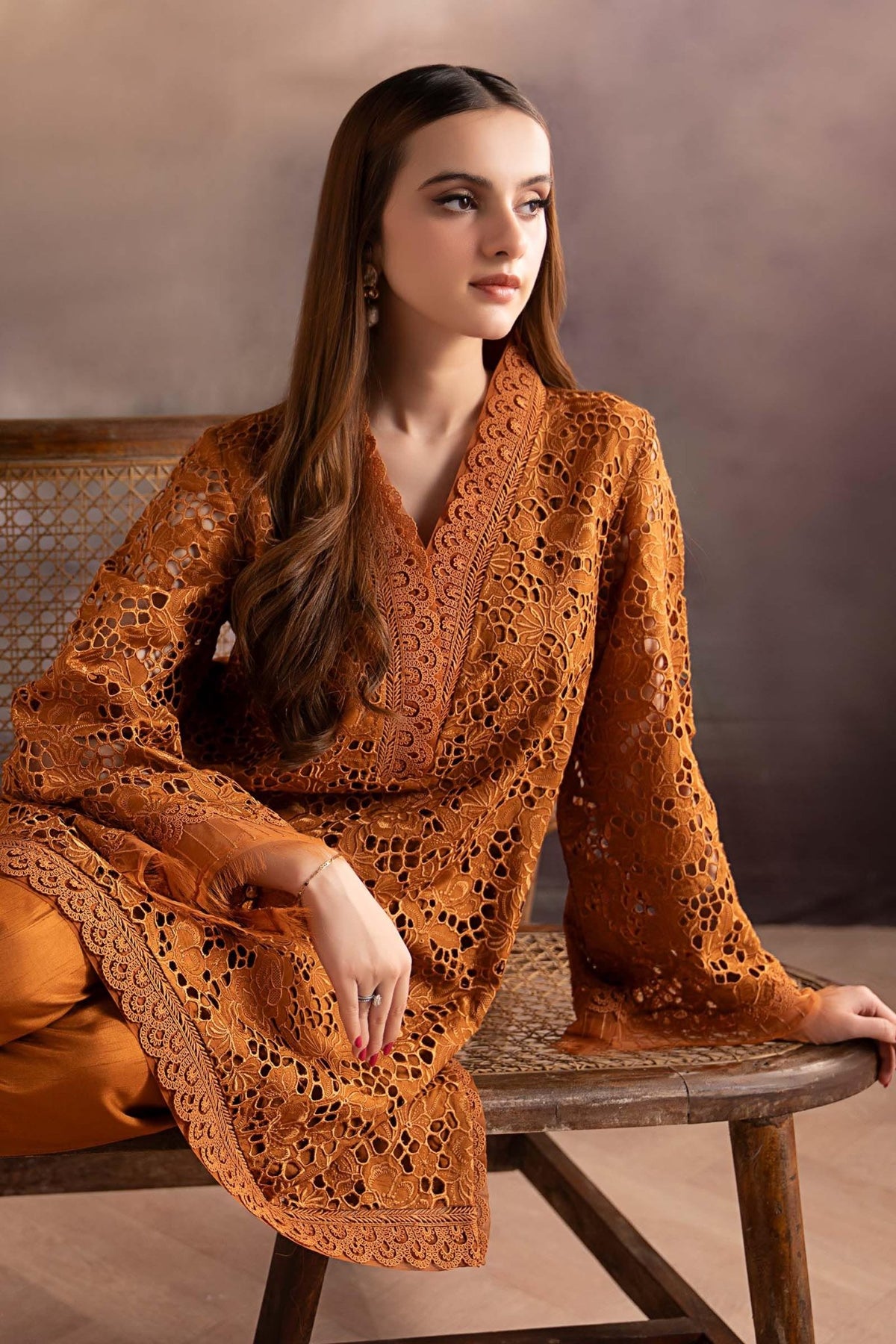 Maria B | RTW | 3 Piece Embroidered Bamber Raw Silk Suit-Brand:Maria B-Type:Luxury Formals-Brown - House of Maryam- Buy in UK, USA