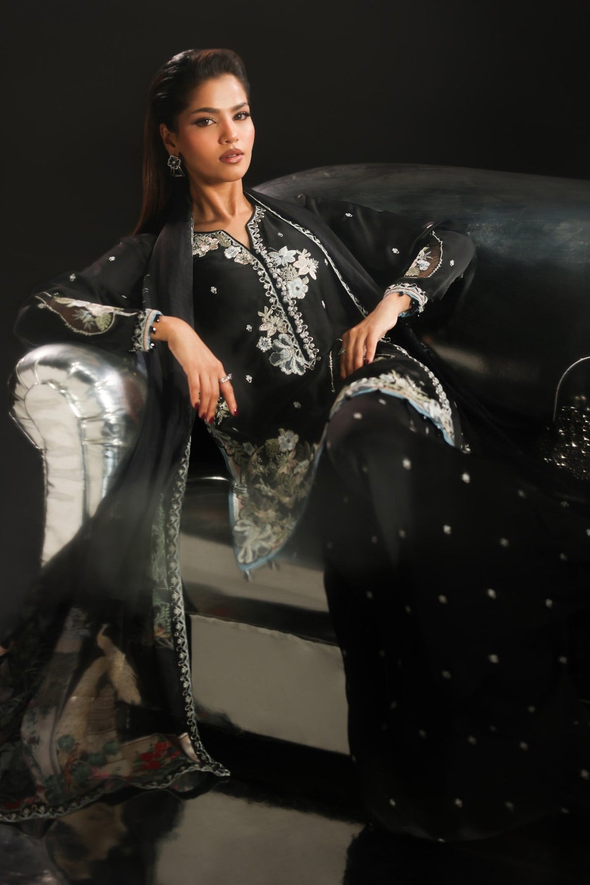 Maria B | RTW | 3 Piece Embroidered Charmeuse Suit-Brand:Maria B-Type:Luxury Formals-Black - House of Maryam- Buy in UK, USA