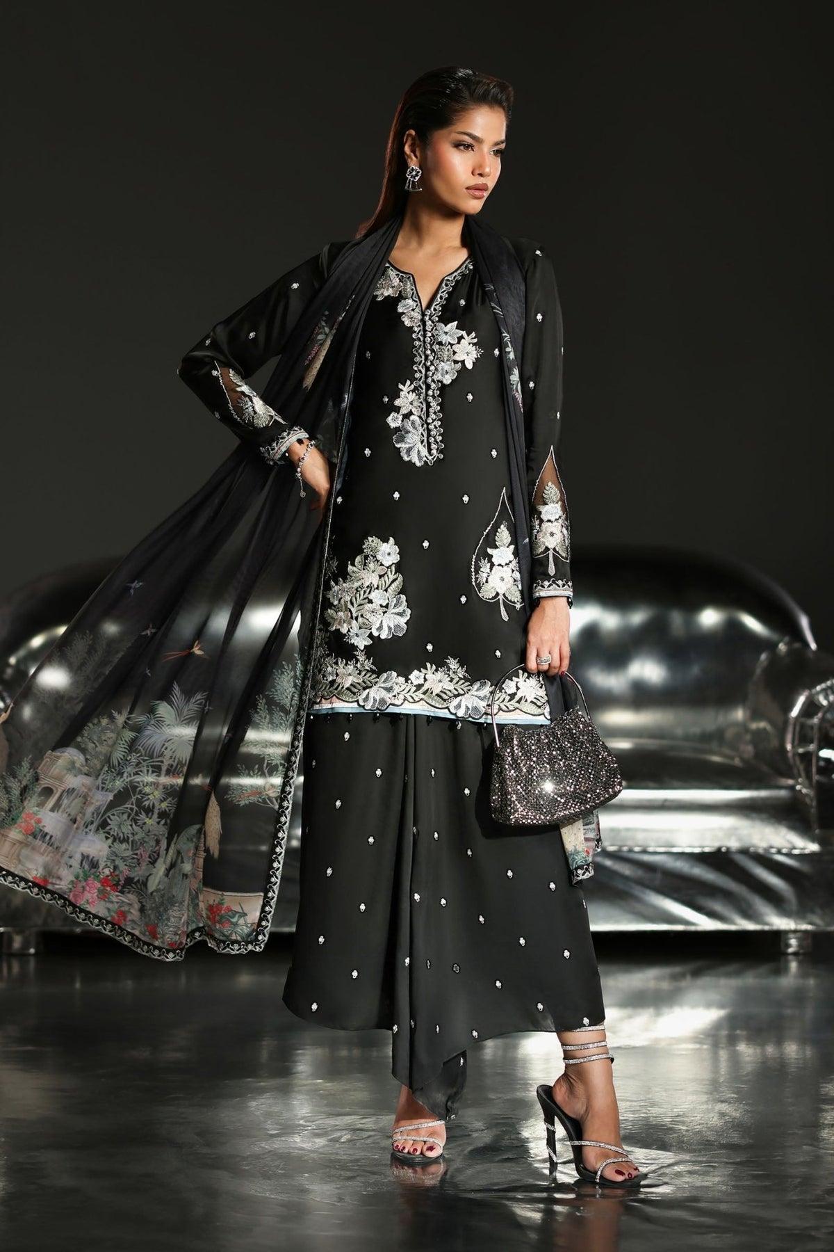 Maria B | RTW | 3 Piece Embroidered Charmeuse Suit-Brand:Maria B-Type:Luxury Formals-Black - House of Maryam- Buy in UK, USA