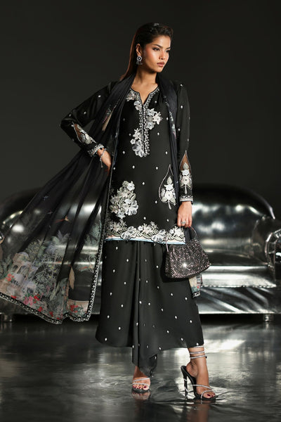 Maria B | RTW | 3 Piece Embroidered Charmeuse Suit-Brand:Maria B-Type:Luxury Formals-Black - House of Maryam- Buy in UK, USA